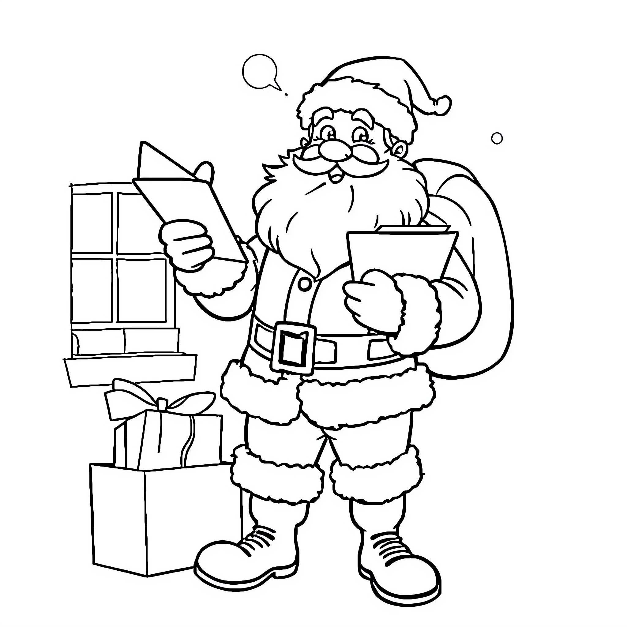 Mailman Santa delivering gifts and packages Coloring Page (free black-and-white line drawing printable PDF for all, from beginners to advanced learners, including children, teens, adults, and seniors)