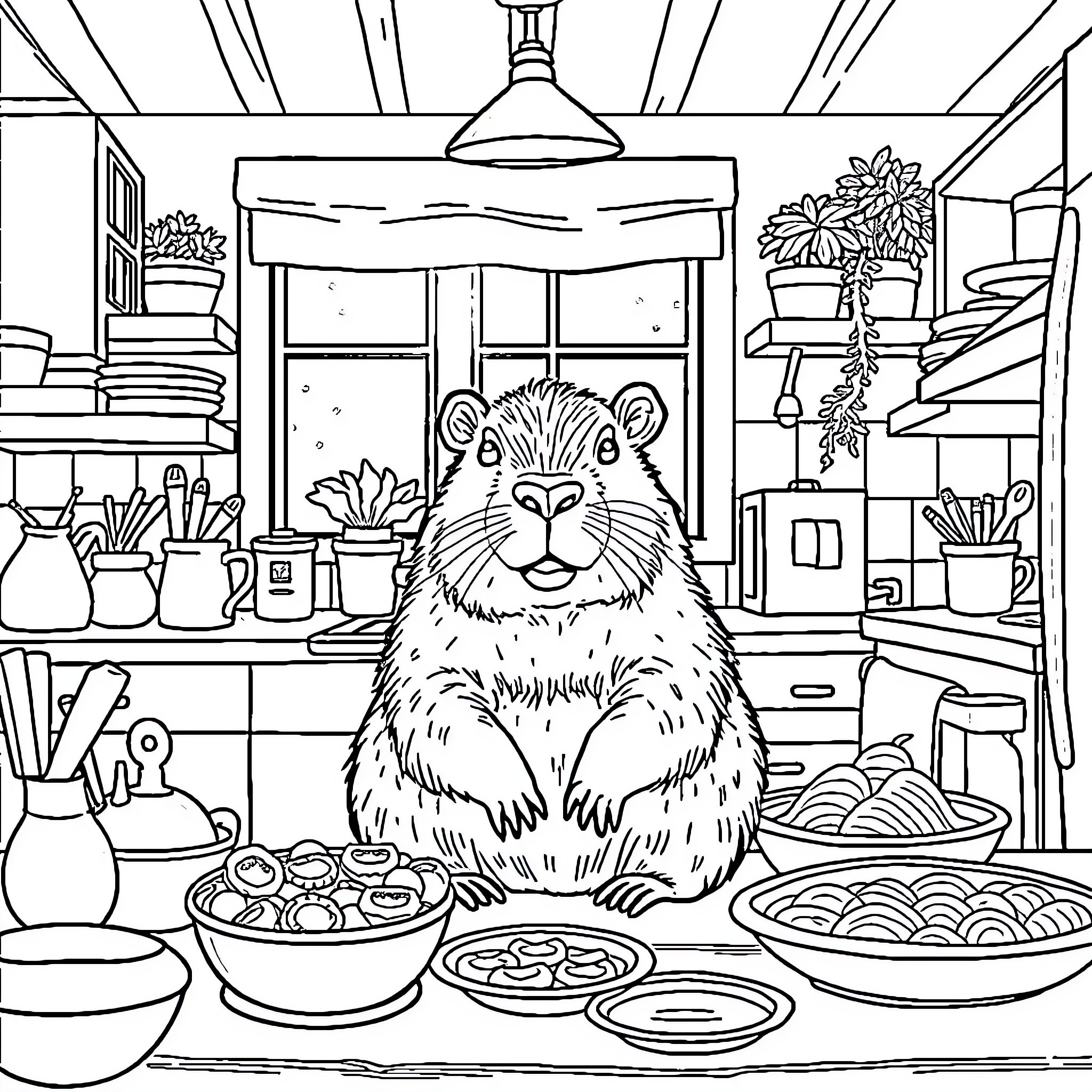 Capybara enjoying a cozy kitchen scene Coloring Page (free black-and-white line drawing printable PDF for all, from beginners to advanced learners, including children, teens, adults, and seniors)