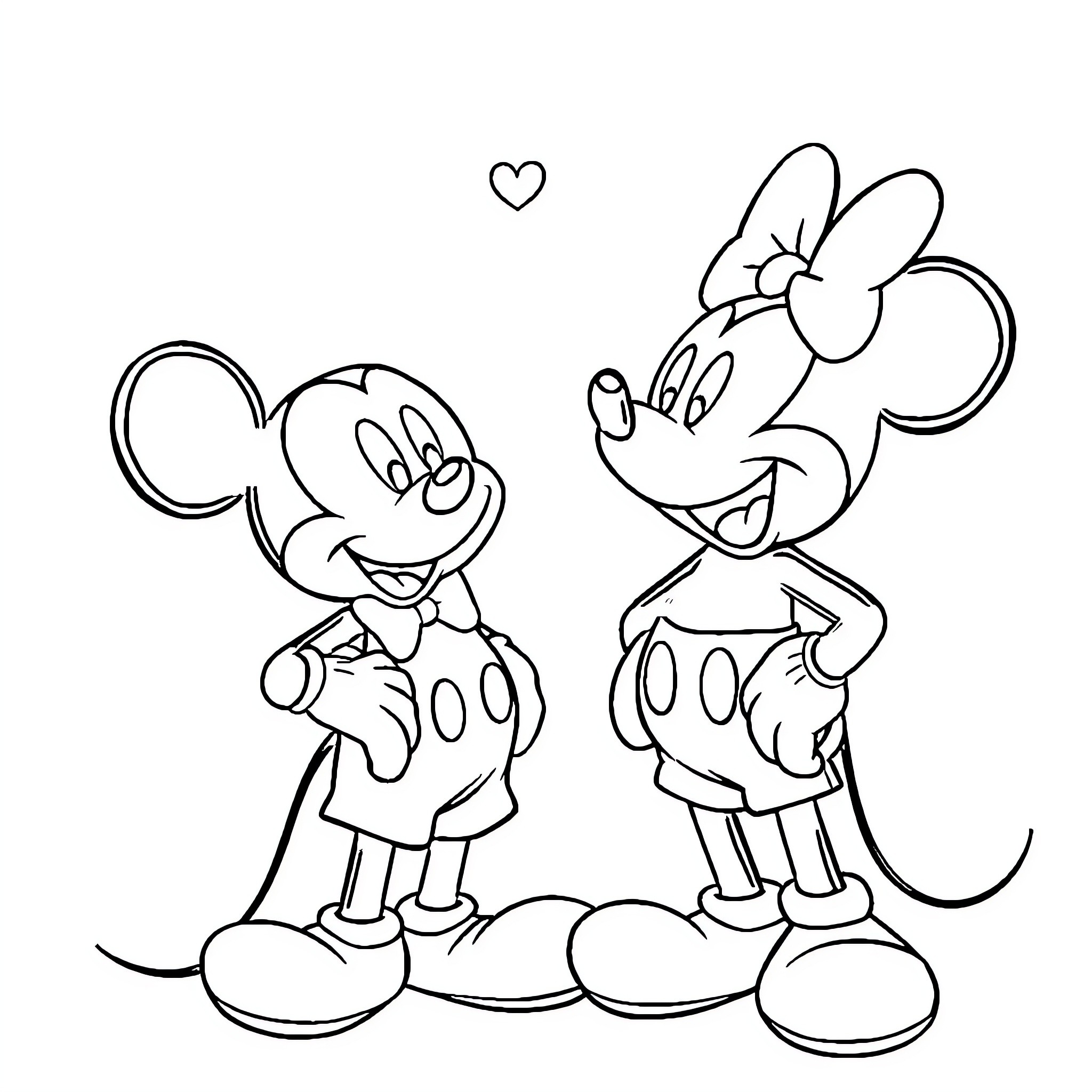 Mickey and Minnie in a cute embrace Coloring Page (free black-and-white line drawing printable PDF for all, from beginners to advanced learners, including children, teens, adults, and seniors)