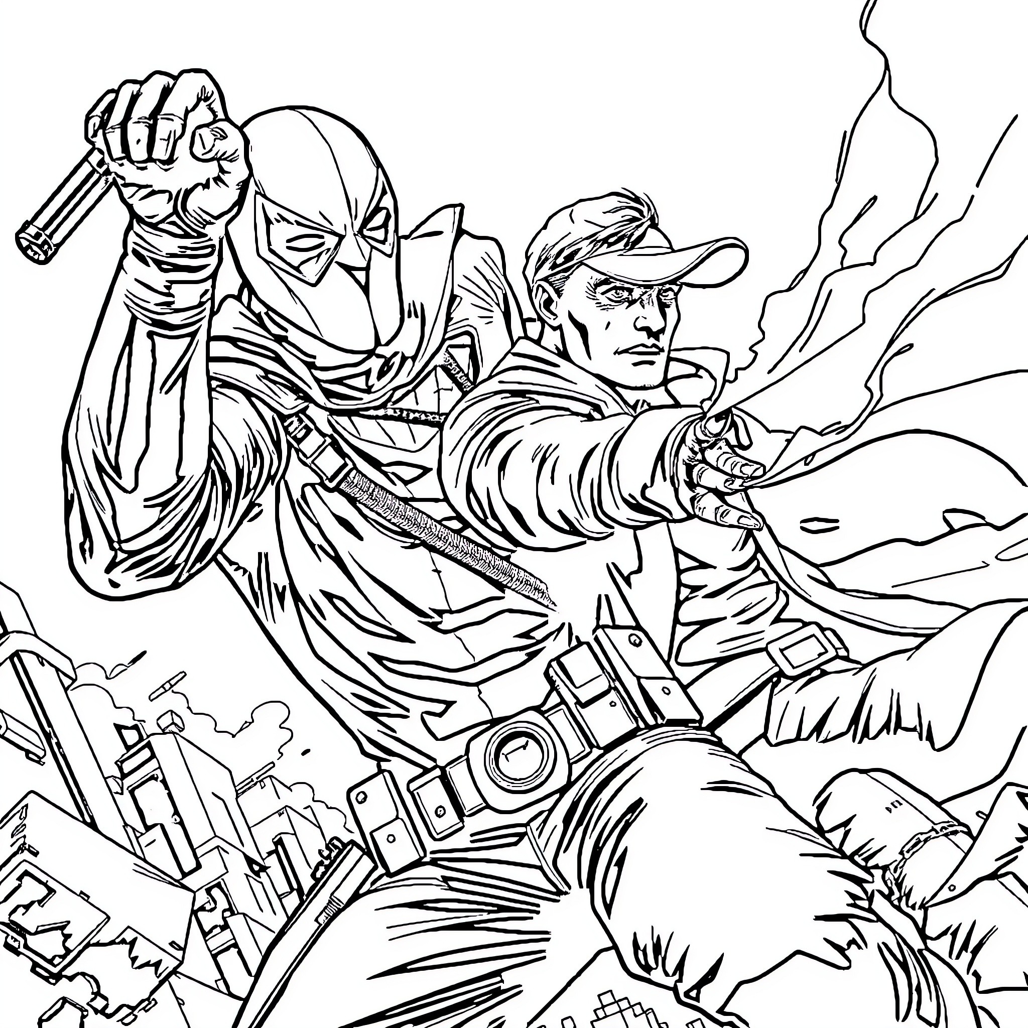 Red Hood's Heroic Confrontation Coloring Page (free black-and-white line drawing printable PDF for all, from beginners to advanced learners, including children, teens, adults, and seniors)