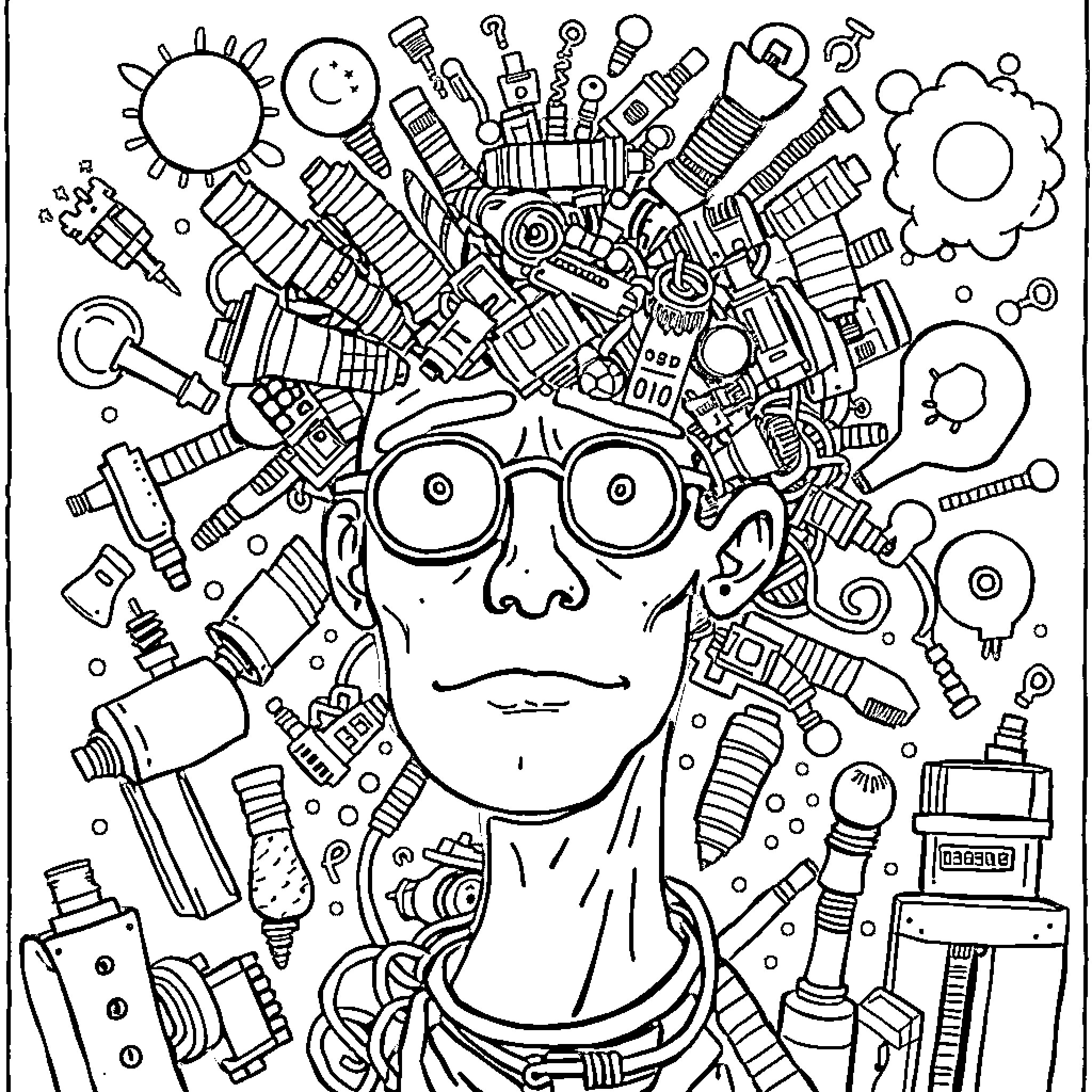 Brainrot: A Chaotic Collision of Symbols and Ideas Coloring Page (free black-and-white line drawing printable PDF for all, from beginners to advanced learners, including children, teens, adults, and seniors)