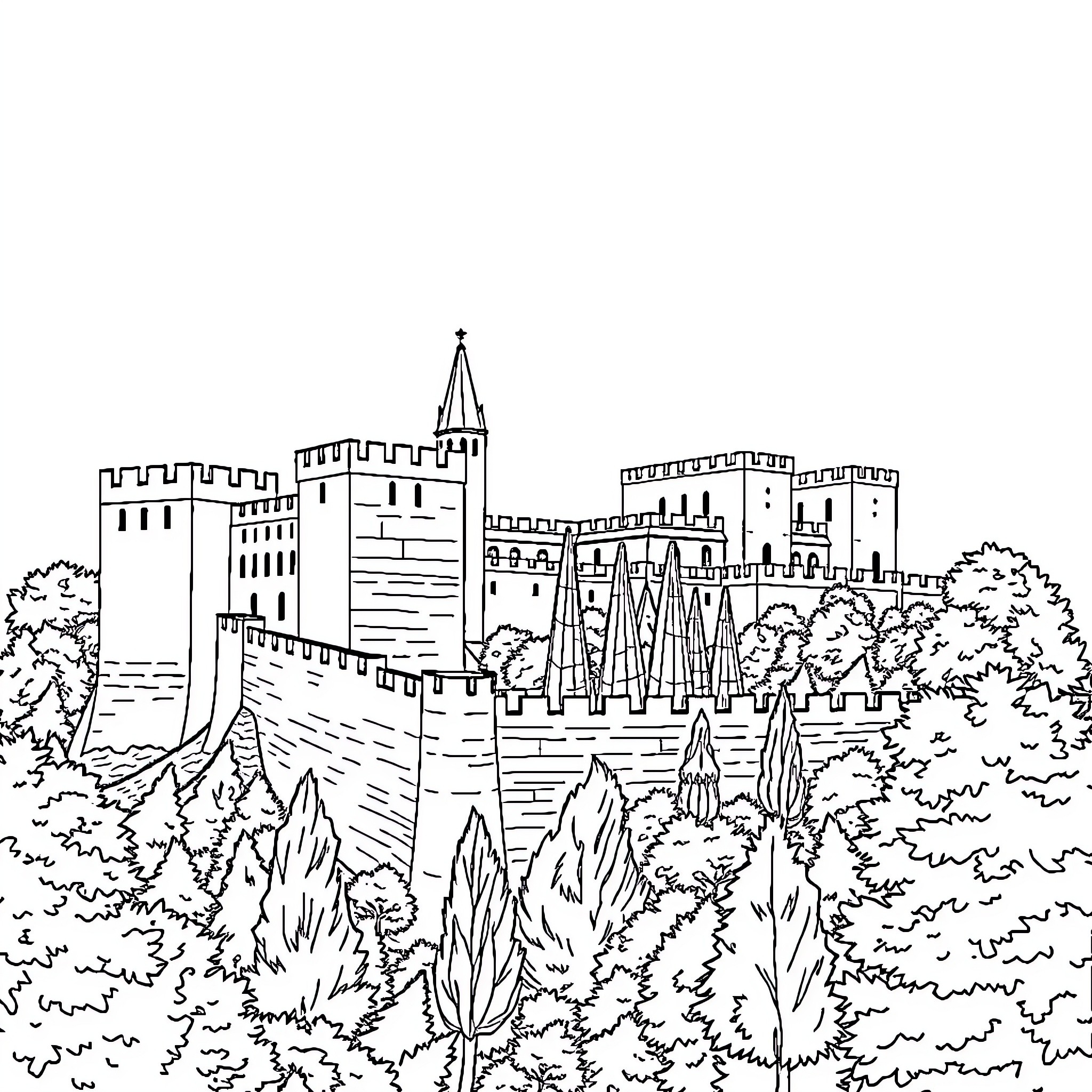 Tirana Castle surrounded by lush greenery Coloring Page (free black-and-white line drawing printable PDF for all, from beginners to advanced learners, including children, teens, adults, and seniors)