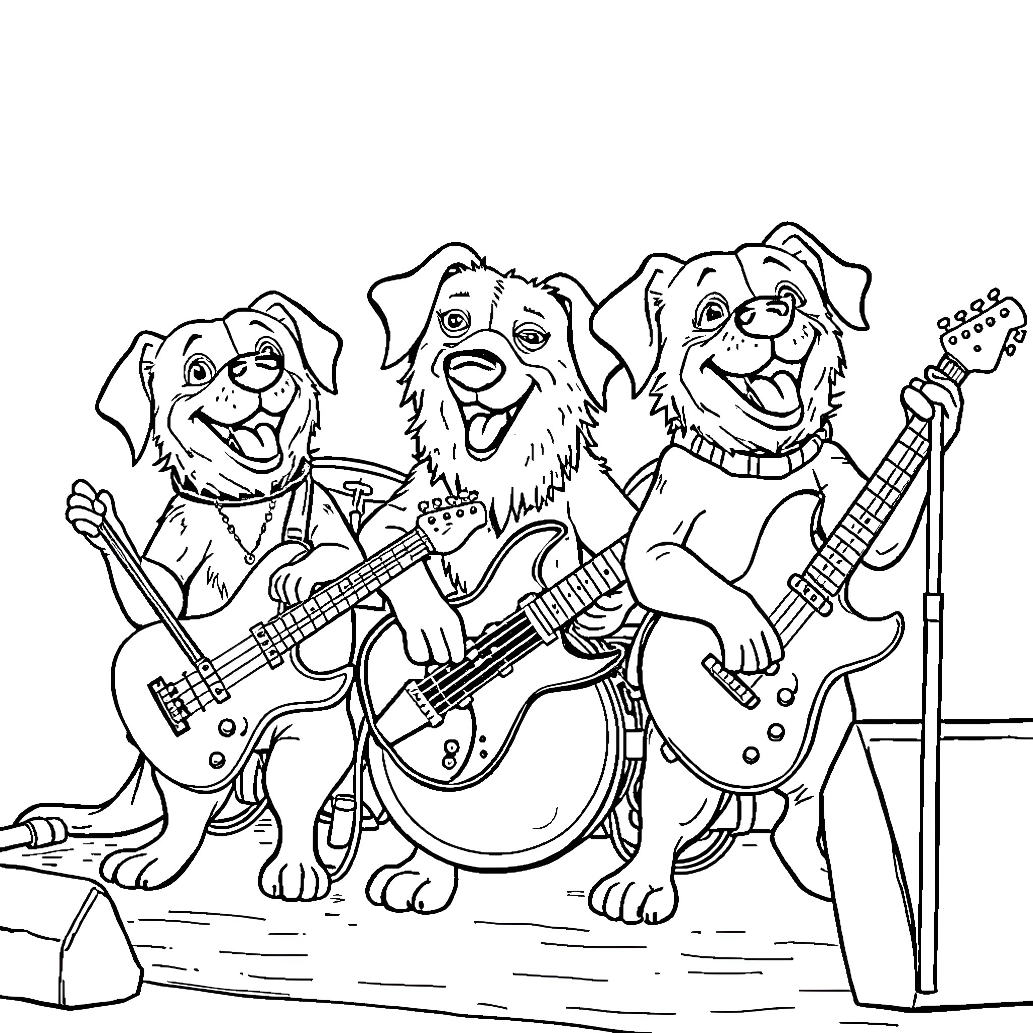 Dog rock band performing on stage Coloring Page (free black-and-white line drawing printable PDF for all, from beginners to advanced learners, including children, teens, adults, and seniors)