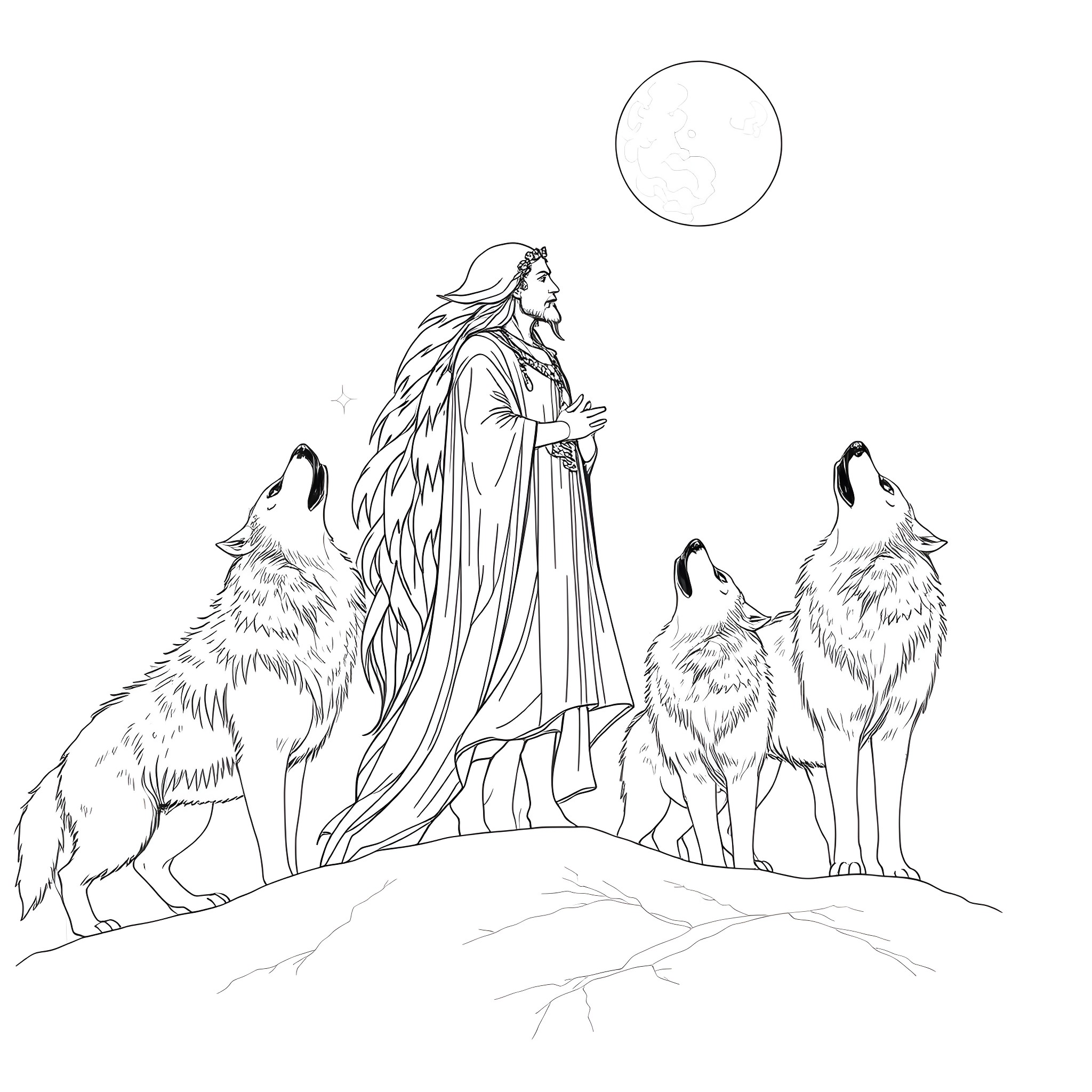 Spirit of the Moon and Wolves Coloring Page (free black-and-white line drawing printable PDF for all, from beginners to advanced learners, including children, teens, adults, and seniors)