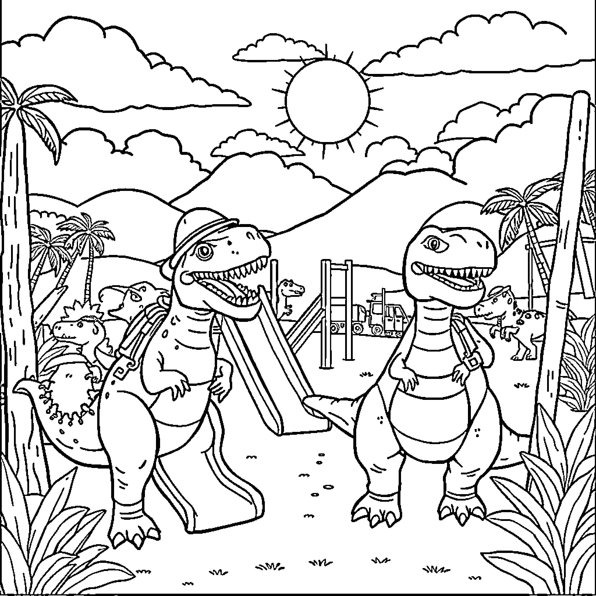 Dinosaur friends exploring a tropical landscape Coloring Page (free black-and-white line drawing printable PDF for all, from beginners to advanced learners, including children, teens, adults, and seniors)