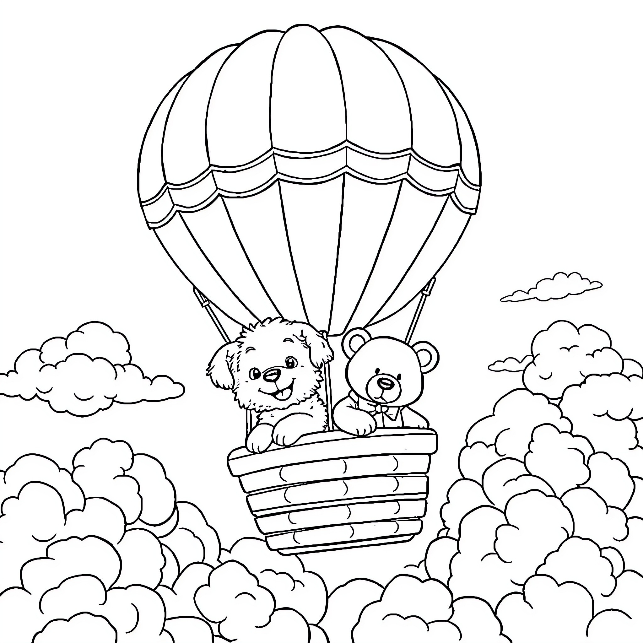 Puppy and teddy bear enjoying hot air balloon ride Coloring Page (free black-and-white line drawing printable PDF for all, from beginners to advanced learners, including children, teens, adults, and seniors)