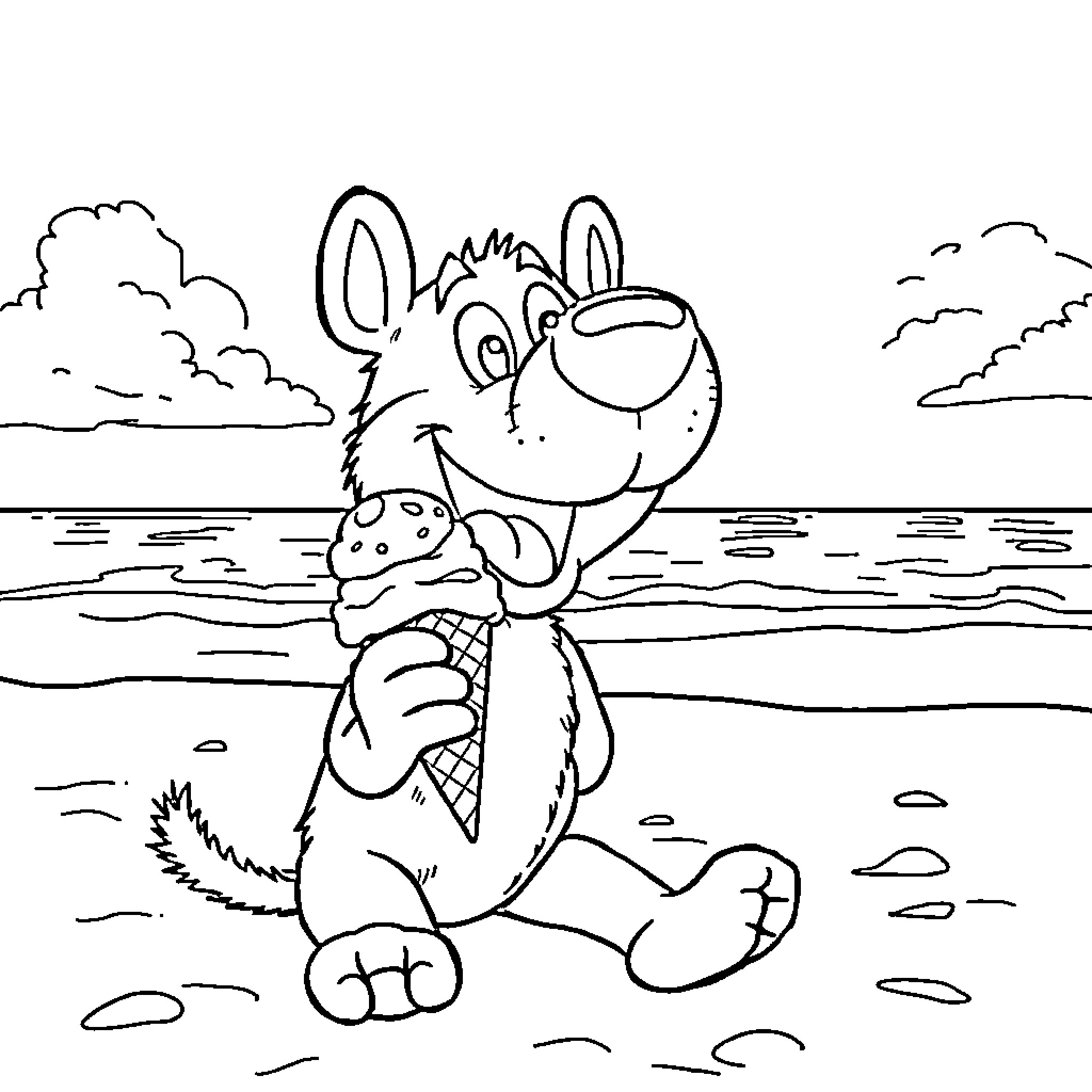 Hank the happy rabbit enjoying an ice cream on the beach Coloring Page (free black-and-white line drawing printable PDF for all, from beginners to advanced learners, including children, teens, adults, and seniors)