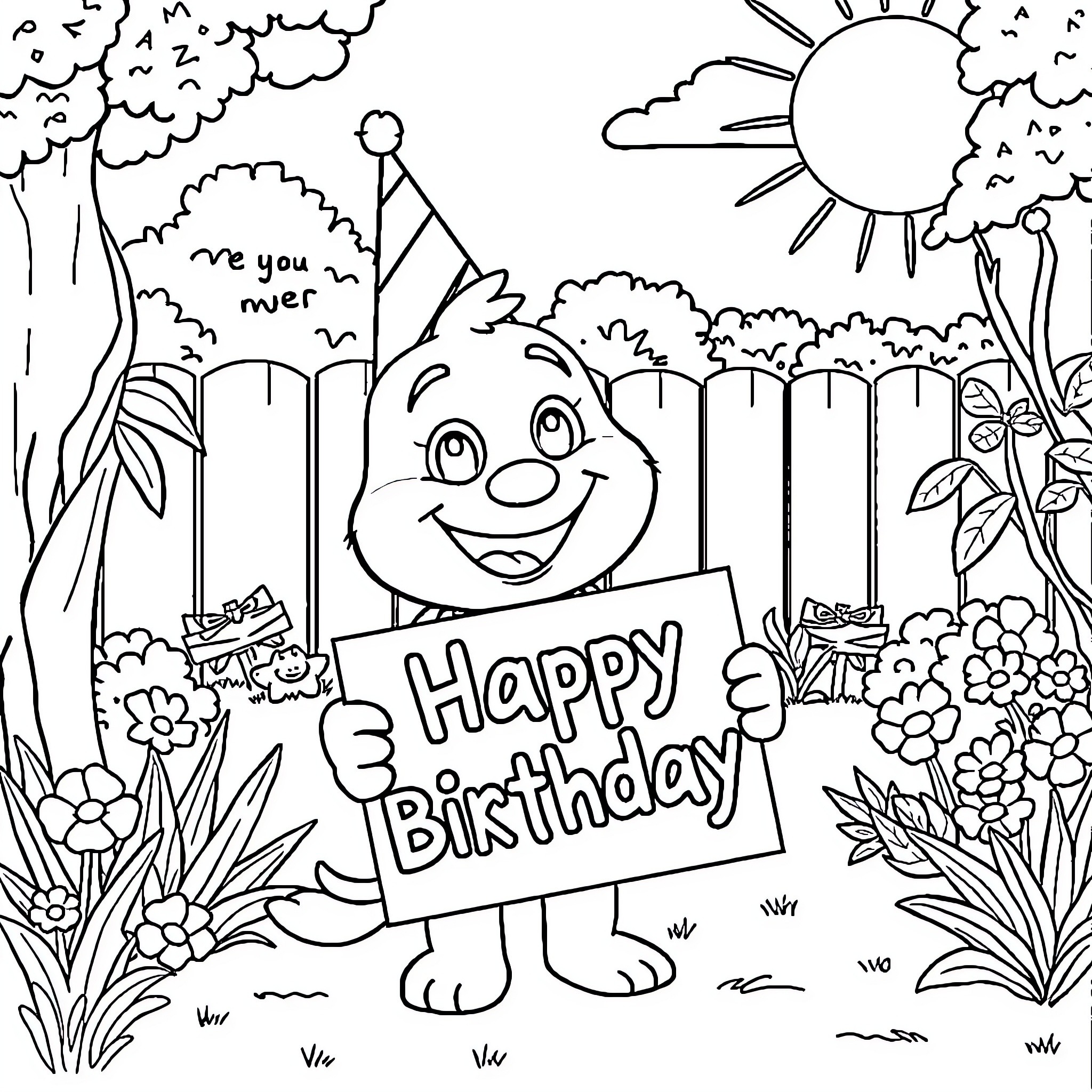 Bluey celebrates happy birthday in nature Coloring Page (free black-and-white line drawing printable PDF for all, from beginners to advanced learners, including children, teens, adults, and seniors)