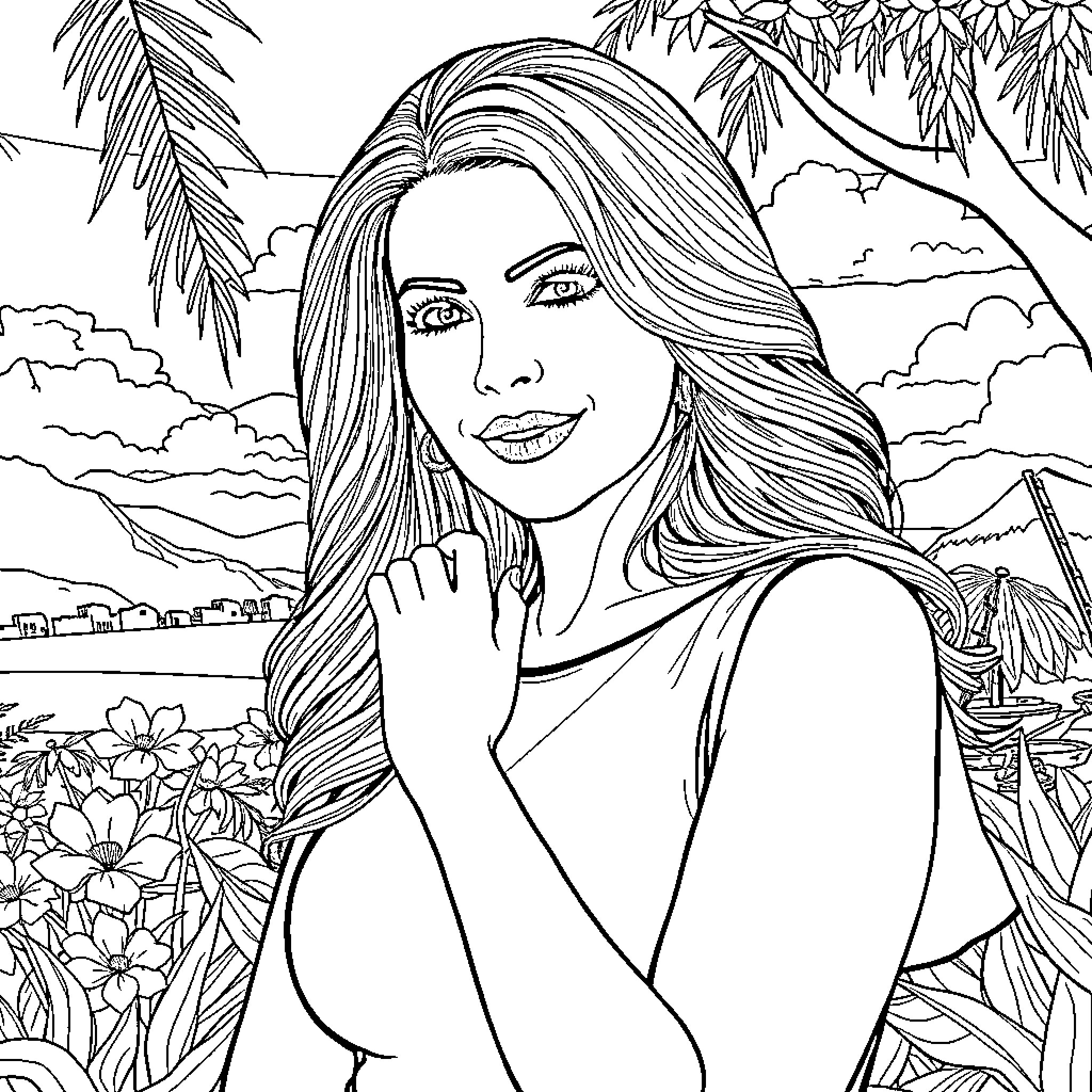 Sofia Vergara posing gracefully in a tropical setting Coloring Page (free black-and-white line drawing printable PDF for all, from beginners to advanced learners, including children, teens, adults, and seniors)