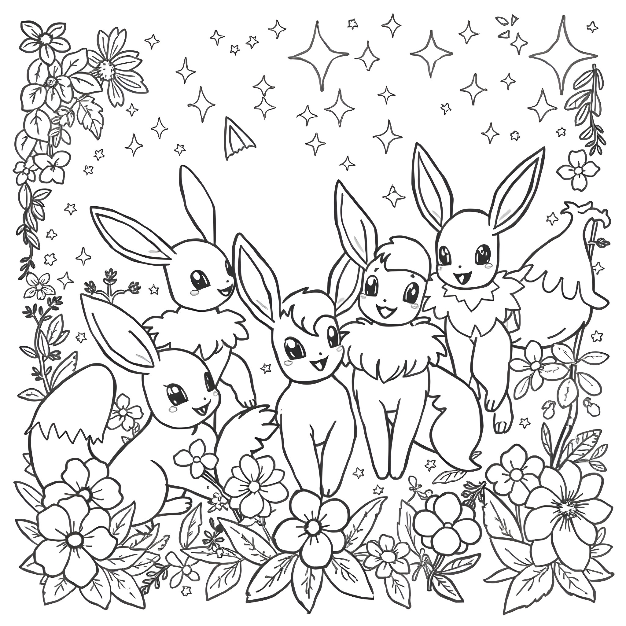 Eevee and friends exploring a floral wonderland Coloring Page (free black-and-white line drawing printable PDF for all, from beginners to advanced learners, including children, teens, adults, and seniors)