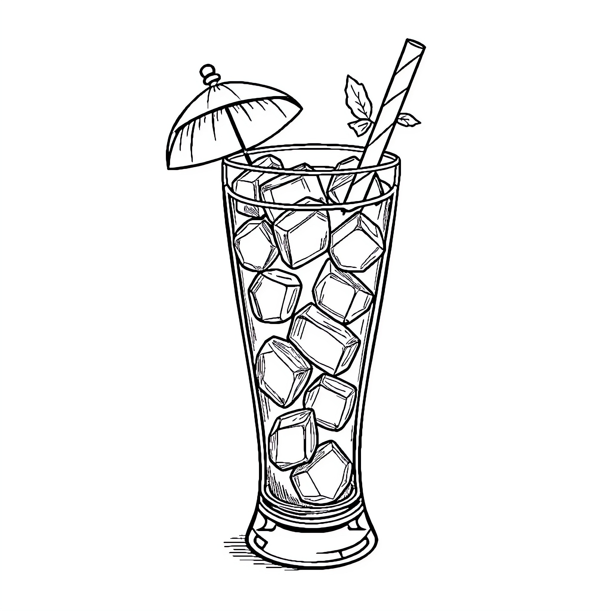Ice Cream Drink with Umbrella and Straw Coloring Page (free black-and-white line drawing printable PDF for all, from beginners to advanced learners, including children, teens, adults, and seniors)