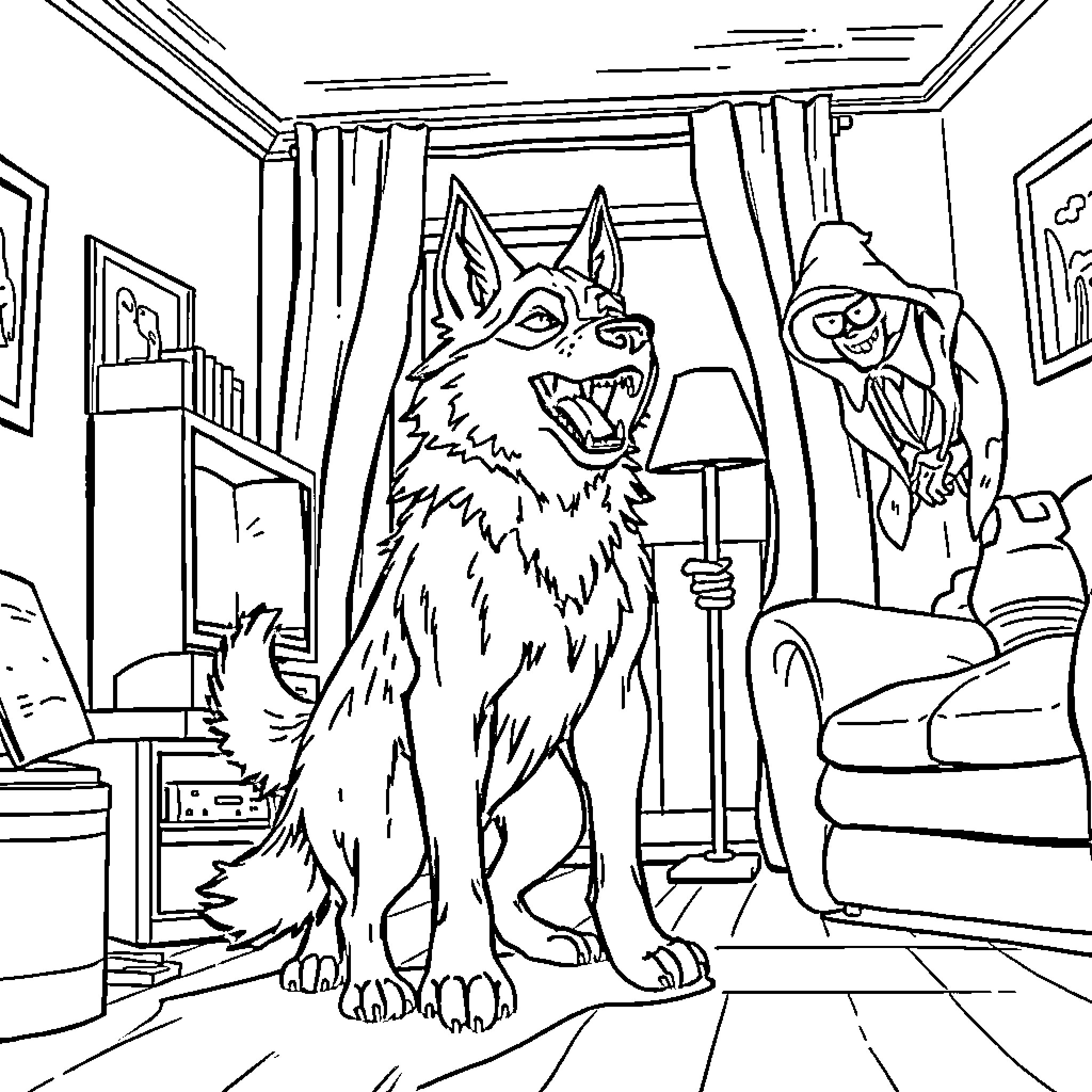 Wolfdog guarding a mysterious room Coloring Page (free black-and-white line drawing printable PDF for all, from beginners to advanced learners, including children, teens, adults, and seniors)