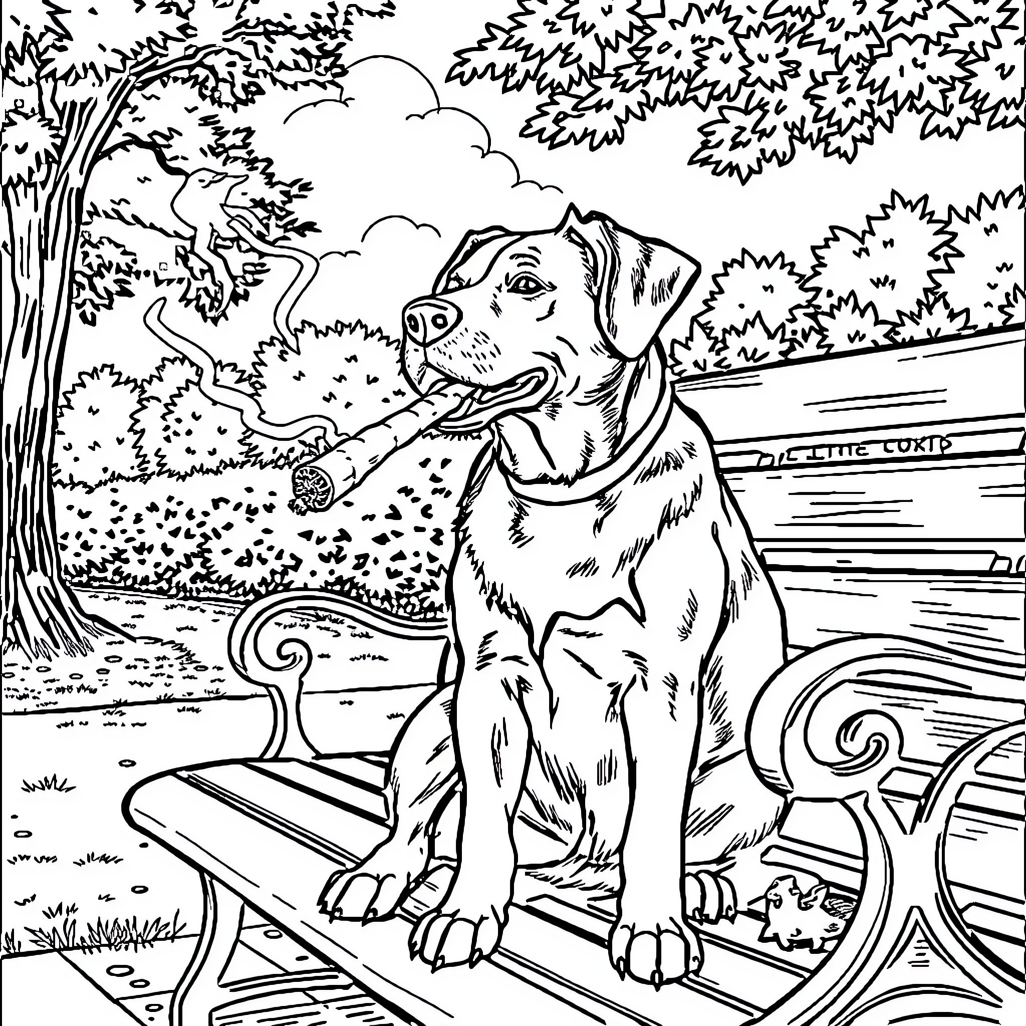 Dog enjoying a relaxing day in the park Coloring Page (free black-and-white line drawing printable PDF for all, from beginners to advanced learners, including children, teens, adults, and seniors)