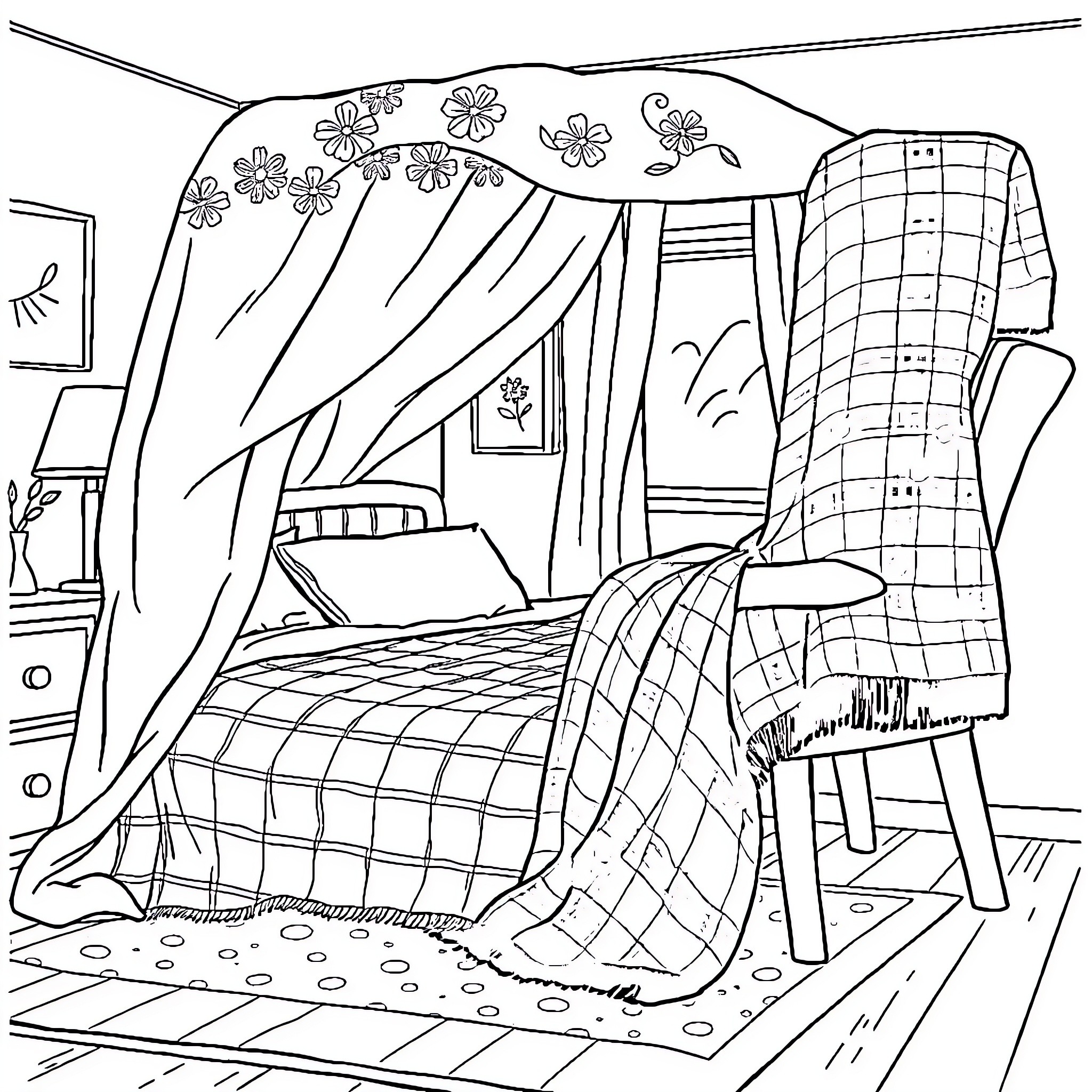 Blanket Fort with Cozy Furnishings and Floral Decor Coloring Page (free black-and-white line drawing printable PDF for all, from beginners to advanced learners, including children, teens, adults, and seniors)