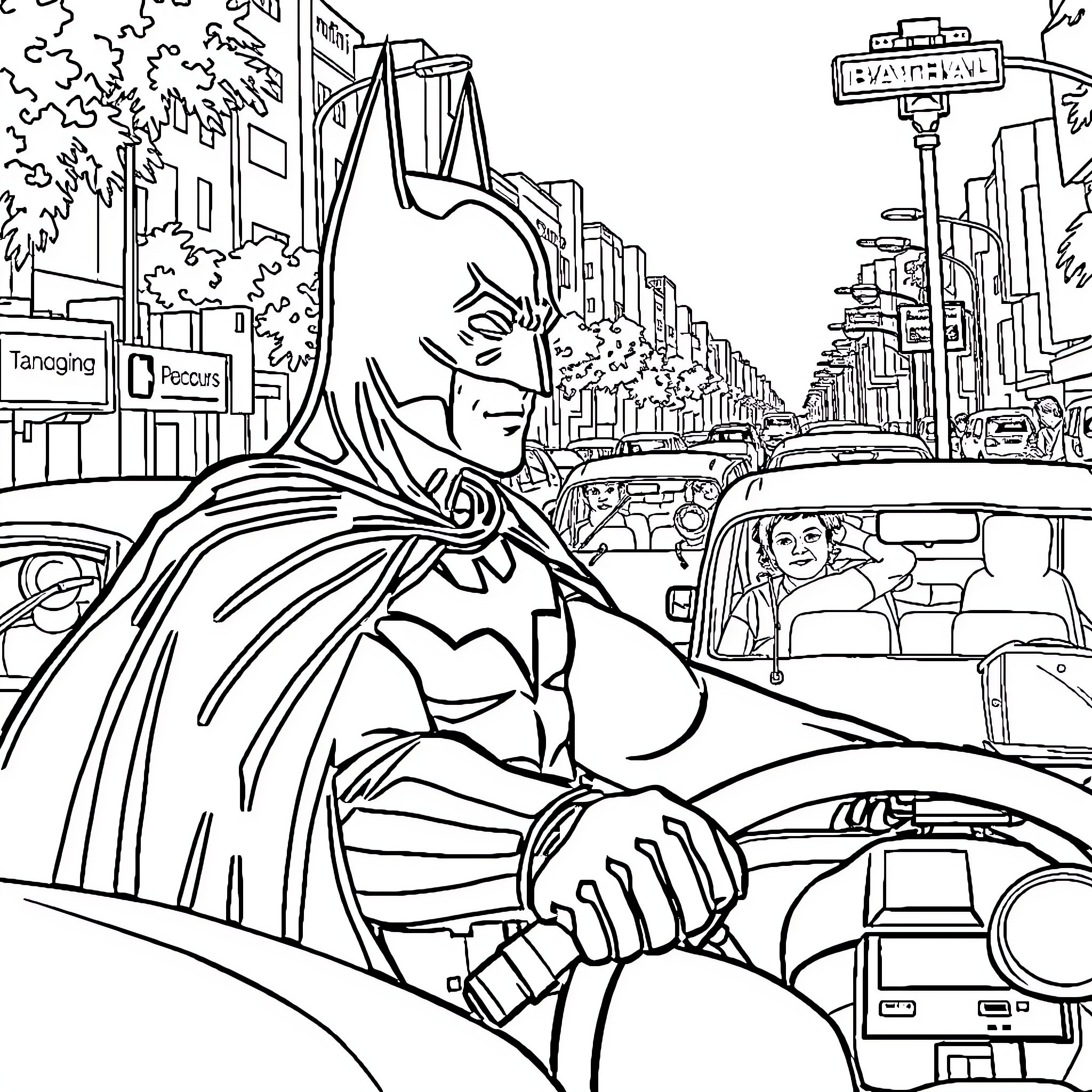 Batman patrolling the city streets in his signature costume Coloring Page (free black-and-white line drawing printable PDF for all, from beginners to advanced learners, including children, teens, adults, and seniors)