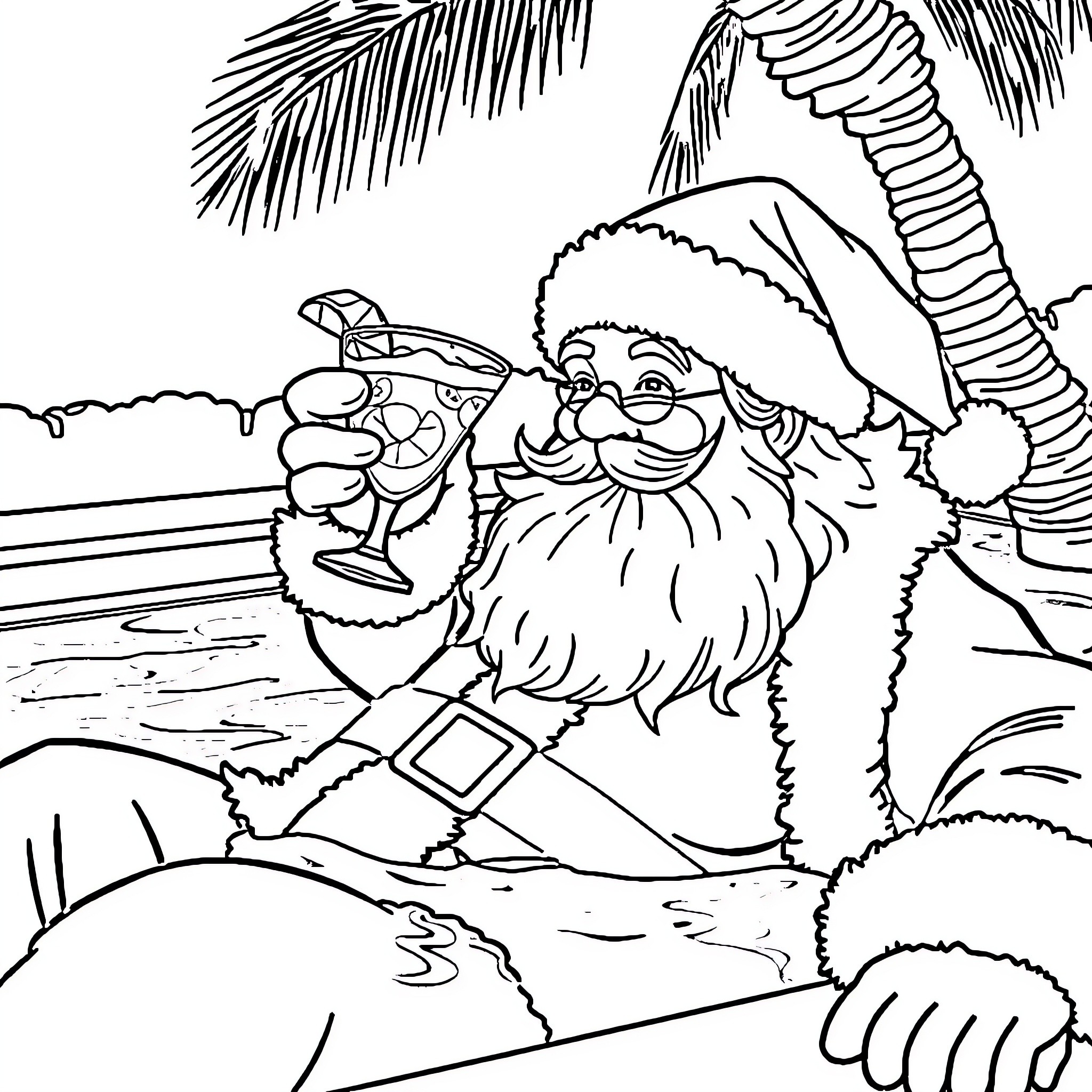 Santa Claus enjoying a tropical vacation Coloring Page (free black-and-white line drawing printable PDF for all, from beginners to advanced learners, including children, teens, adults, and seniors)