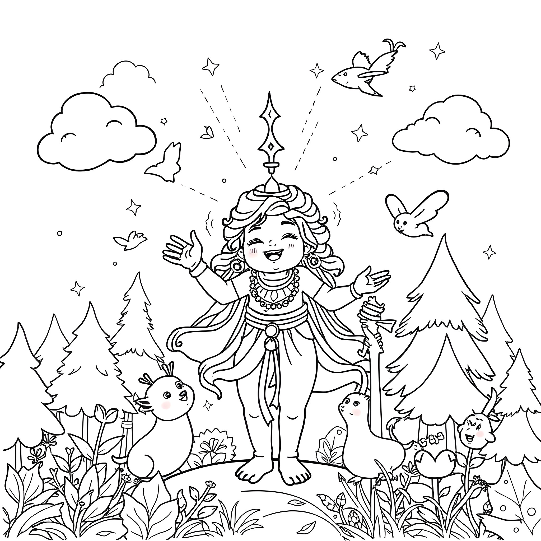 Child exploring magical forest with mythical creatures Coloring Page (free black-and-white line drawing printable PDF for all, from beginners to advanced learners, including children, teens, adults, and seniors)