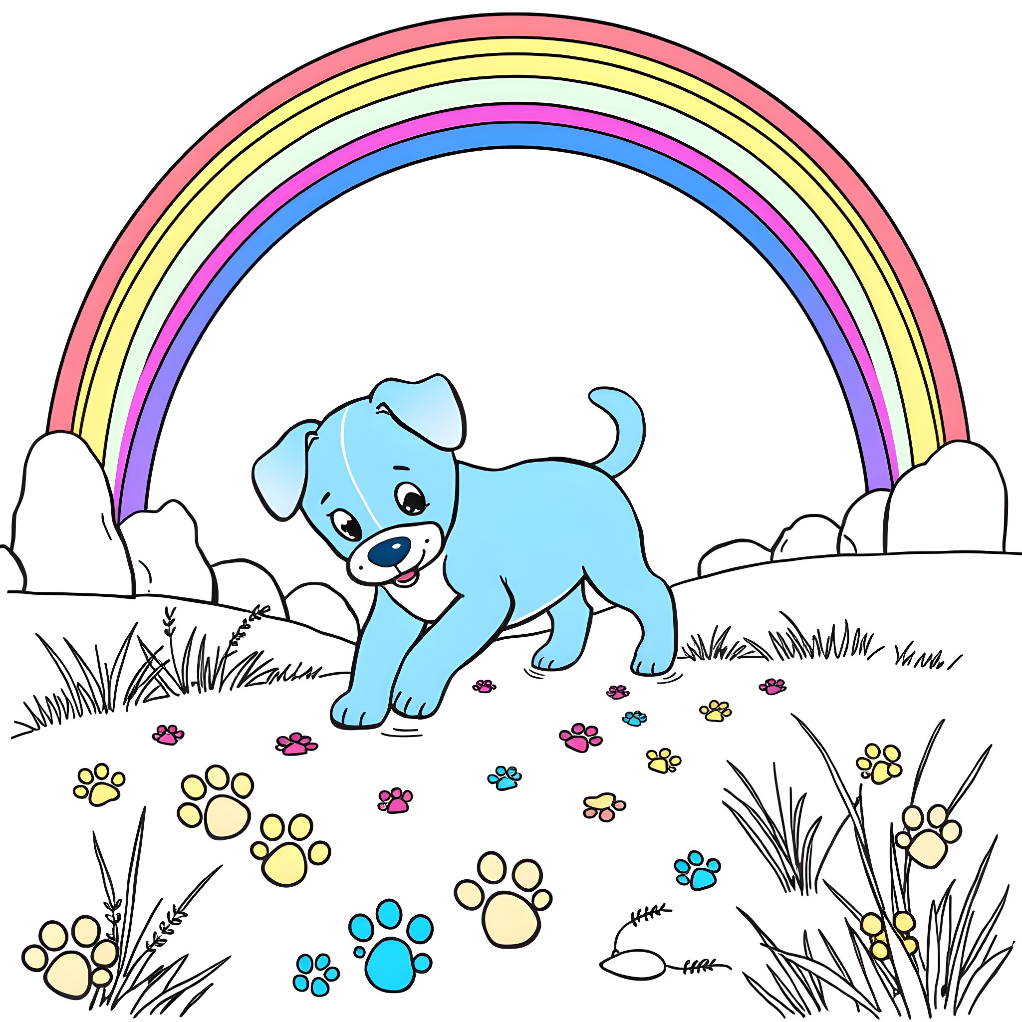 Blue's Clue: Puppy exploring a colorful meadow Coloring Page (free black-and-white line drawing printable PDF for all, from beginners to advanced learners, including children, teens, adults, and seniors)