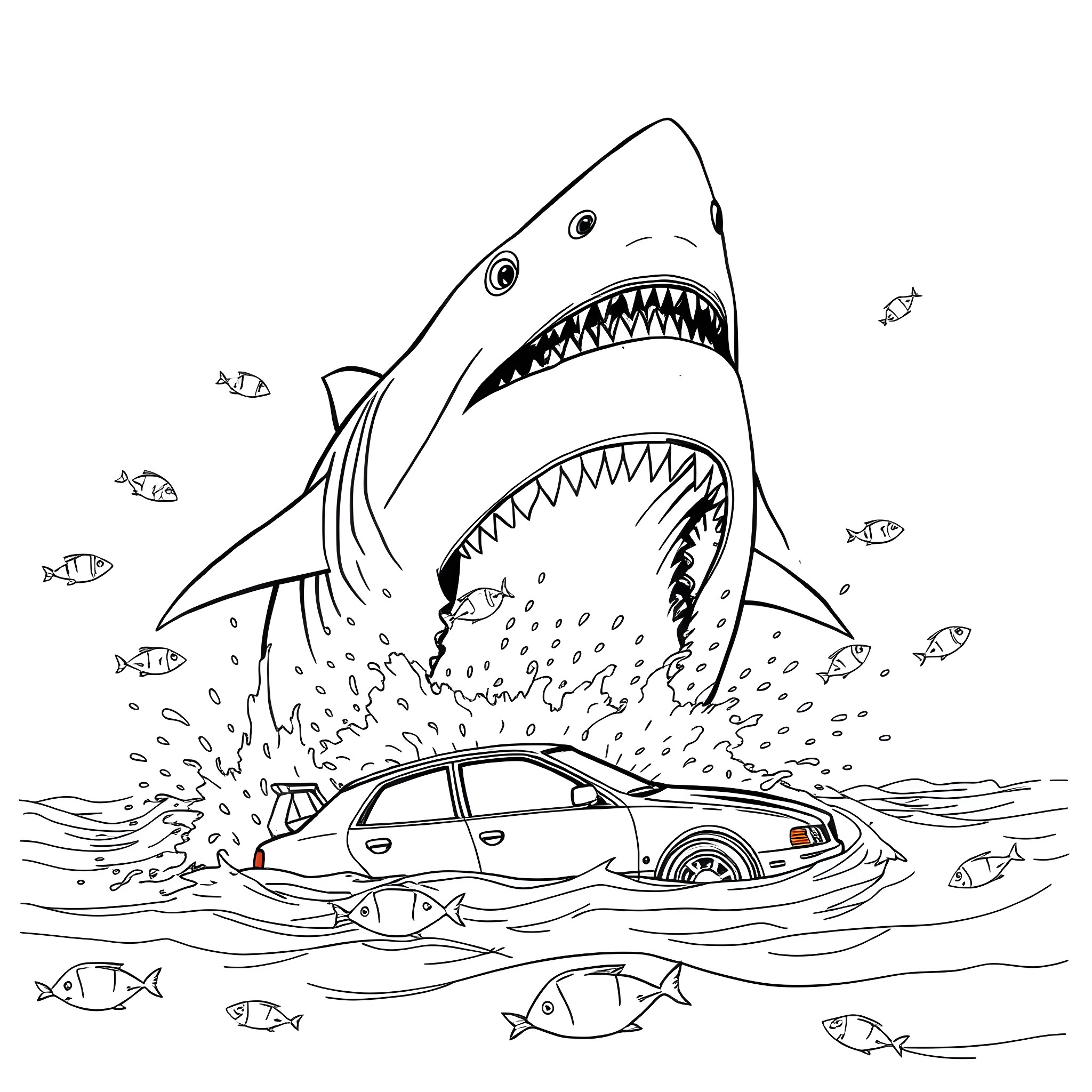 Shark attacking car in the ocean Coloring Page (free black-and-white line drawing printable PDF for all, from beginners to advanced learners, including children, teens, adults, and seniors)