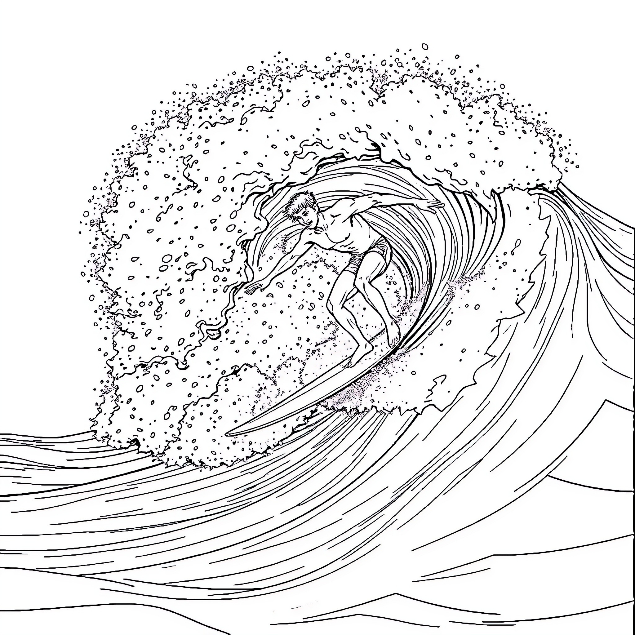 Surfing the Majestic Wave Coloring Page (free black-and-white line drawing printable PDF for all, from beginners to advanced learners, including children, teens, adults, and seniors)