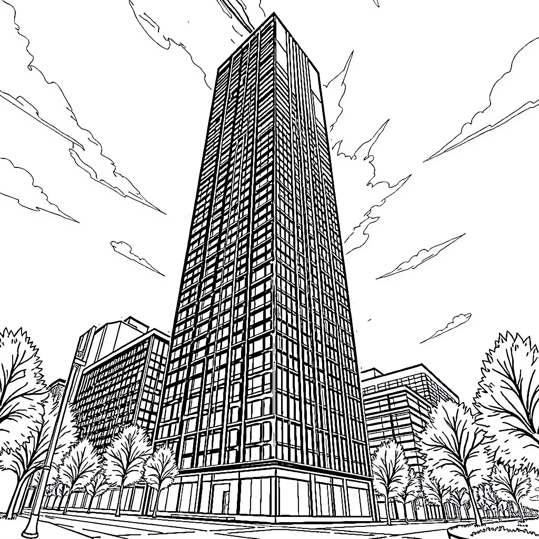The Towering Skyscraper in the City Coloring Page (free black-and-white line drawing printable PDF for all, from beginners to advanced learners, including children, teens, adults, and seniors)