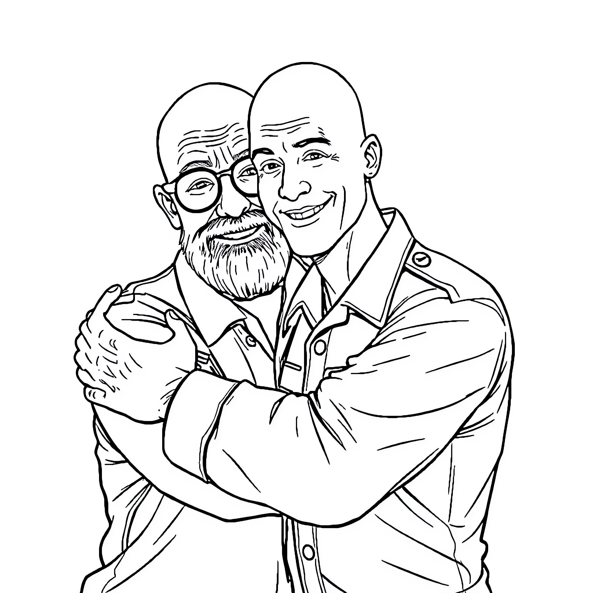 Father and Son in Warm Embrace Coloring Page (free black-and-white line drawing printable PDF for all, from beginners to advanced learners, including children, teens, adults, and seniors)