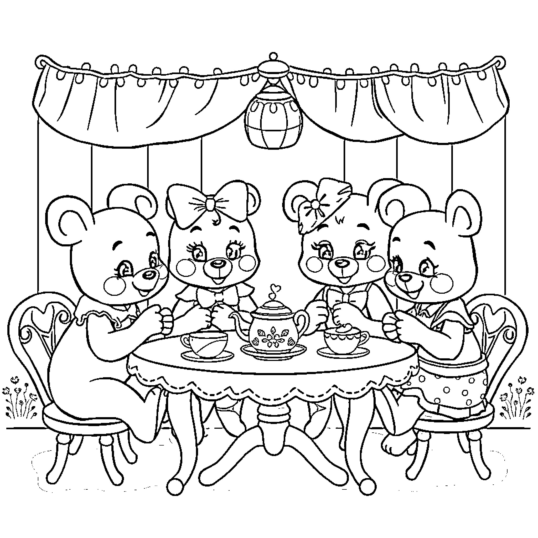 FNAF Characters Enjoying a Festive Tea Party Coloring Page (free black-and-white line drawing printable PDF for all, from beginners to advanced learners, including children, teens, adults, and seniors)