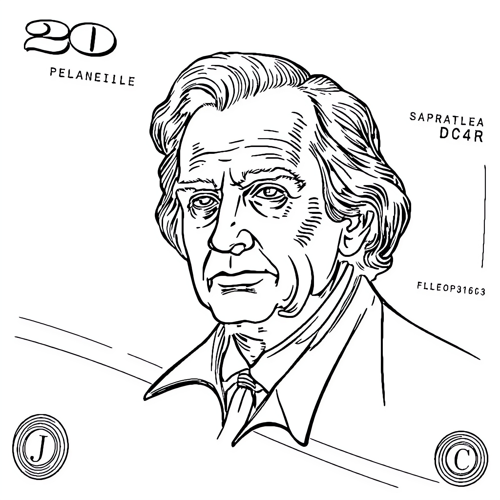 Dollar Bill Portrait of Thoughtful Gentleman Coloring Page (free black-and-white line drawing printable PDF for all, from beginners to advanced learners, including children, teens, adults, and seniors)