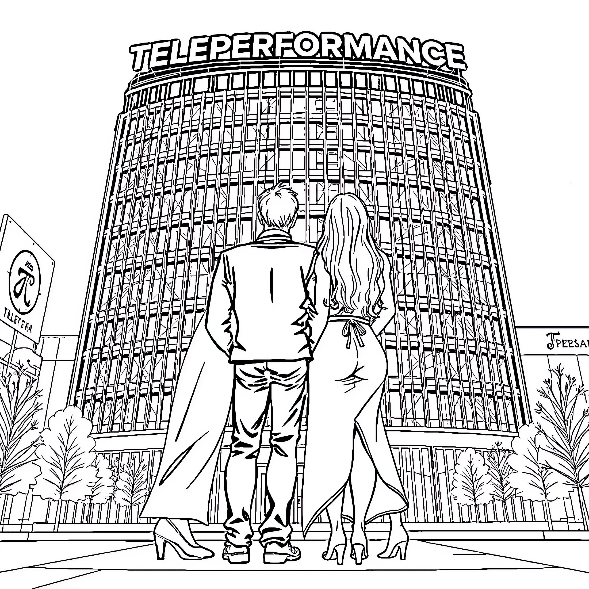 Woman and man standing in front of a large building Coloring Page (free black-and-white line drawing printable PDF for all, from beginners to advanced learners, including children, teens, adults, and seniors)