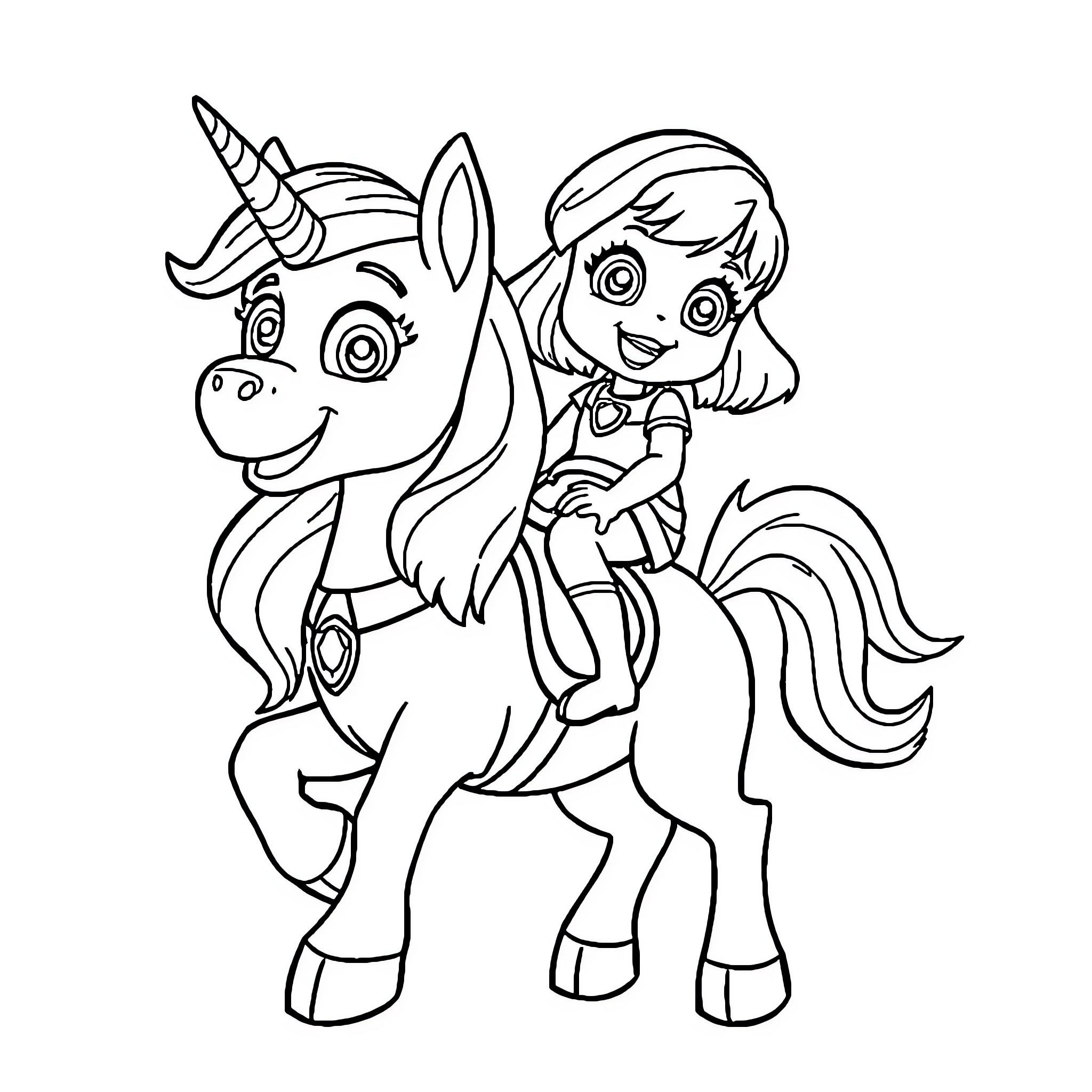 Skye riding a magical unicorn Coloring Page (free black-and-white line drawing printable PDF for all, from beginners to advanced learners, including children, teens, adults, and seniors)