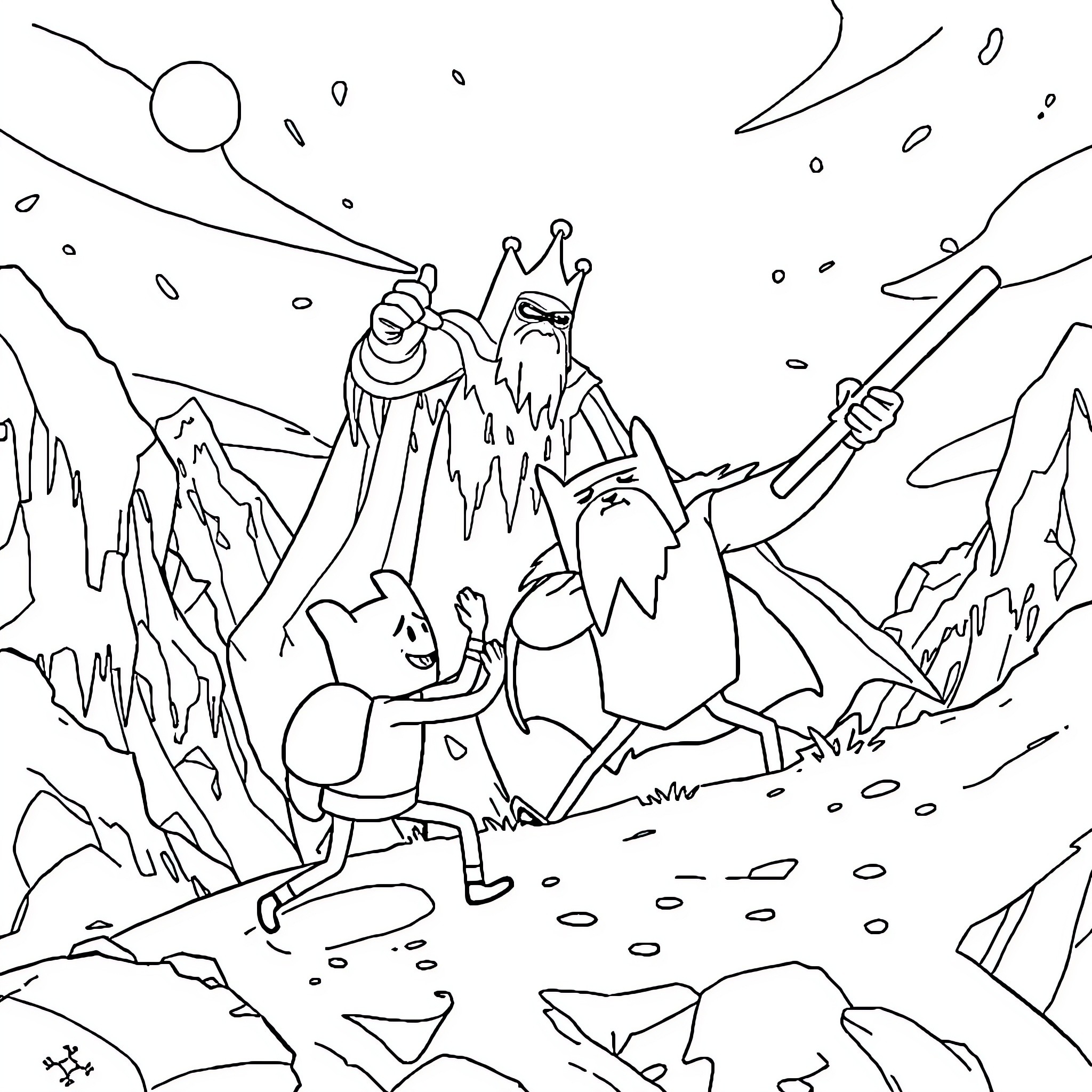 Adventure Time with Whimsical Fantasy Characters Coloring Page (free black-and-white line drawing printable PDF for all, from beginners to advanced learners, including children, teens, adults, and seniors)