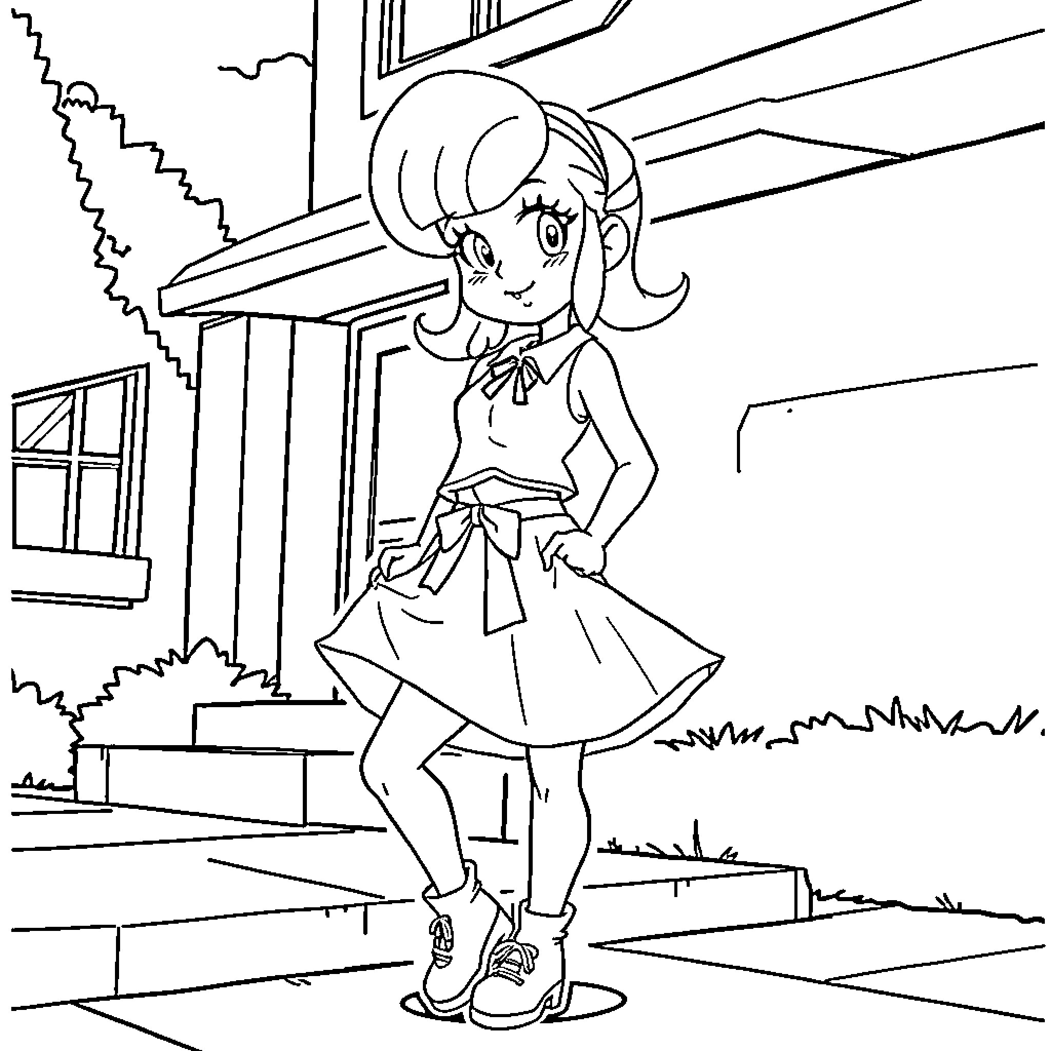 Bulma standing cheerfully outside a building Coloring Page (free black-and-white line drawing printable PDF for all, from beginners to advanced learners, including children, teens, adults, and seniors)