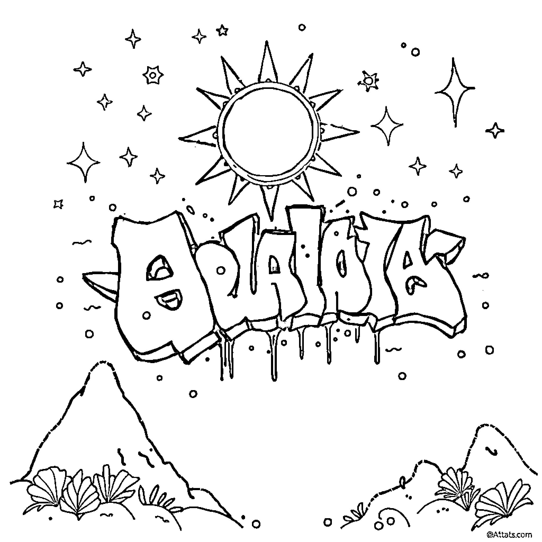 Celestial Graffiti Under the Radiant Sun Coloring Page (free black-and-white line drawing printable PDF for all, from beginners to advanced learners, including children, teens, adults, and seniors)