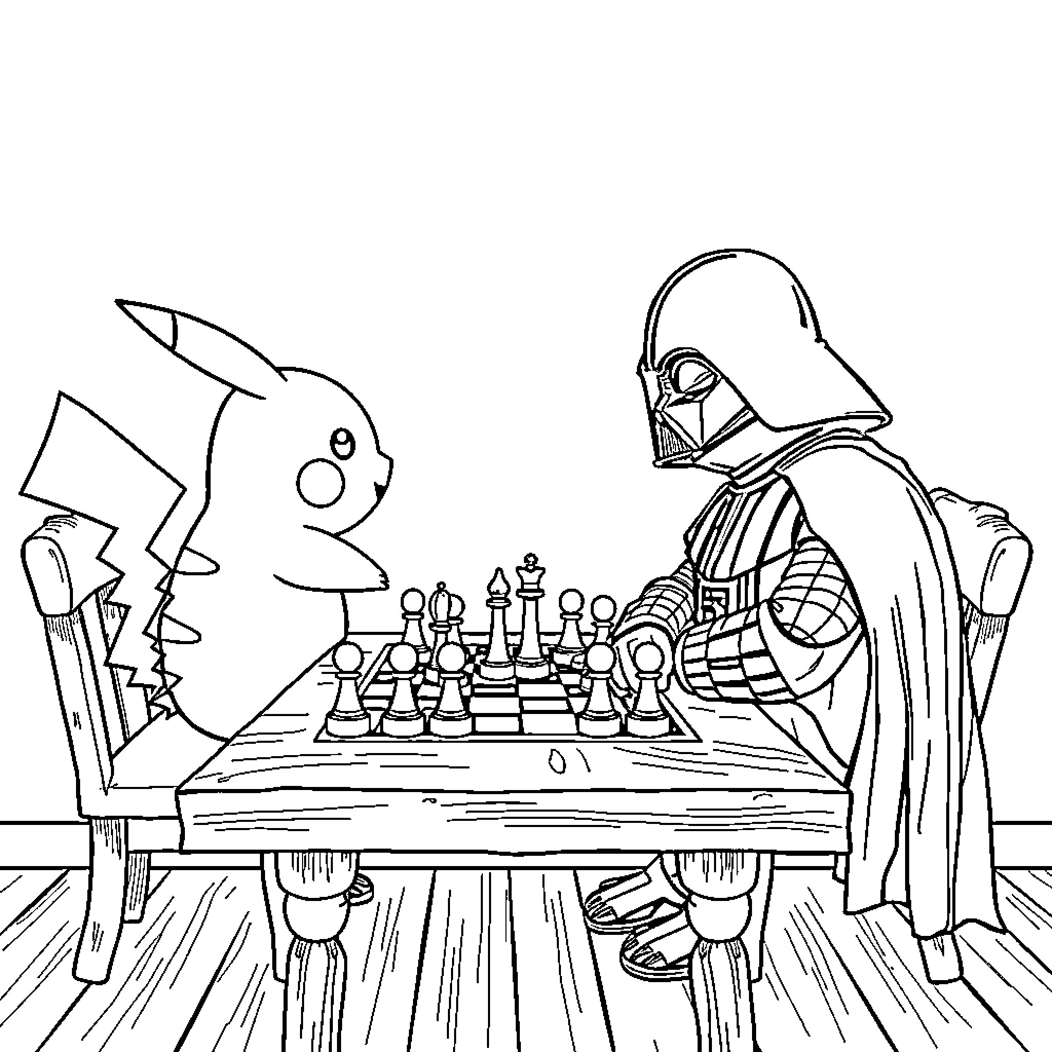 Darth Vader playing chess with Pikachu Coloring Page (free black-and-white line drawing printable PDF for all, from beginners to advanced learners, including children, teens, adults, and seniors)