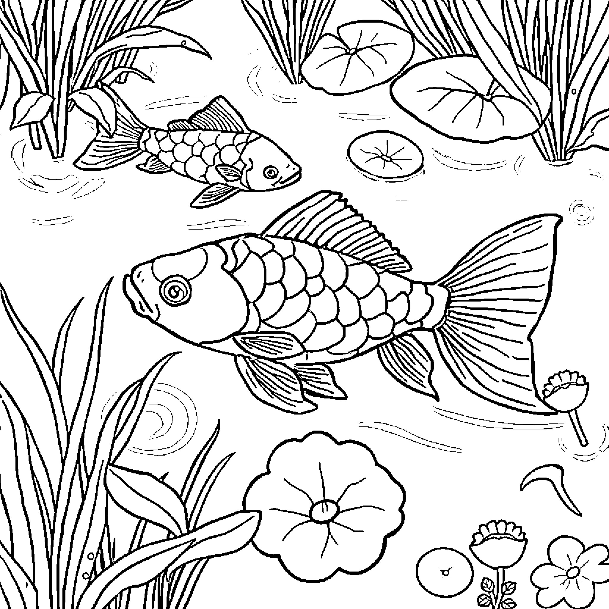 Fish swimming amidst underwater flora and fauna Coloring Page (free black-and-white line drawing printable PDF for all, from beginners to advanced learners, including children, teens, adults, and seniors)