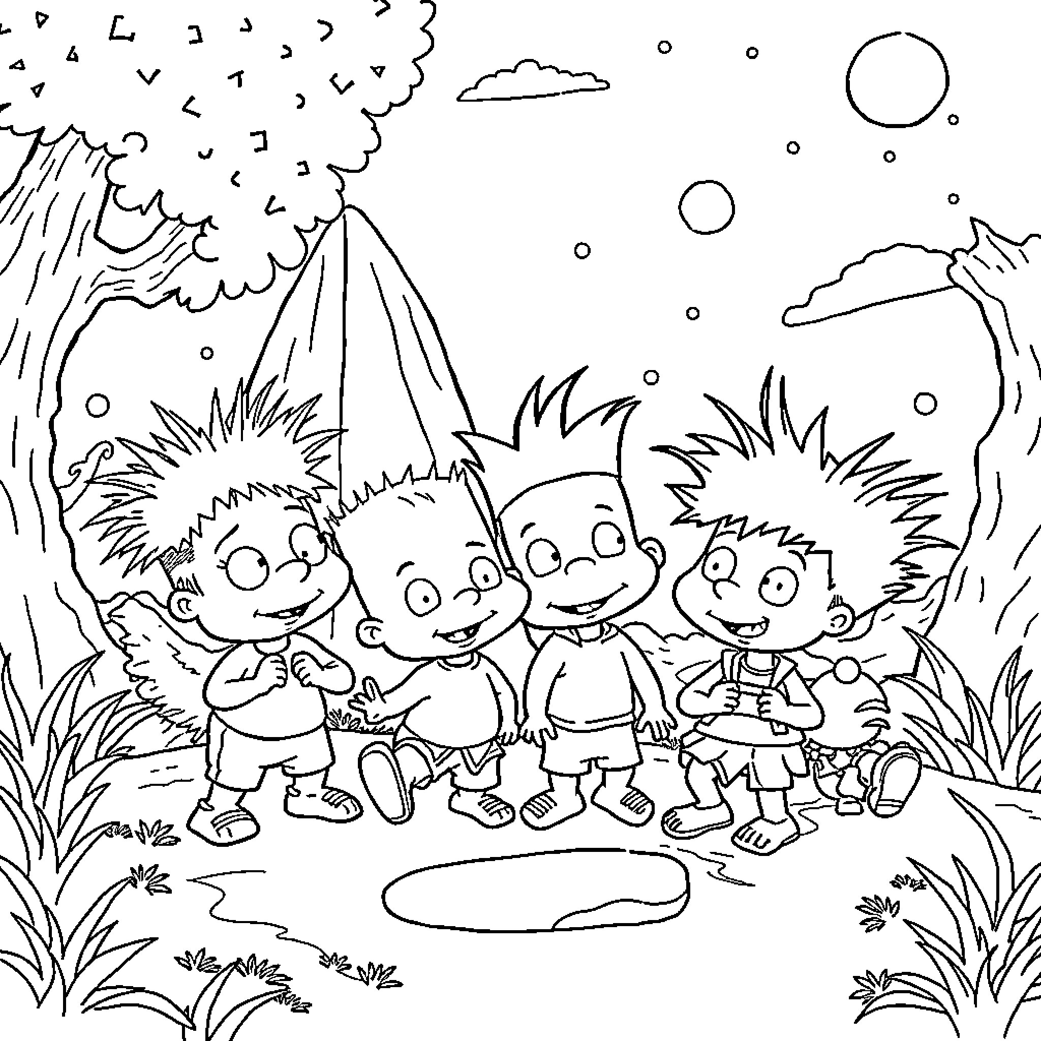 Rugrats exploring the wilderness together Coloring Page (free black-and-white line drawing printable PDF for all, from beginners to advanced learners, including children, teens, adults, and seniors)