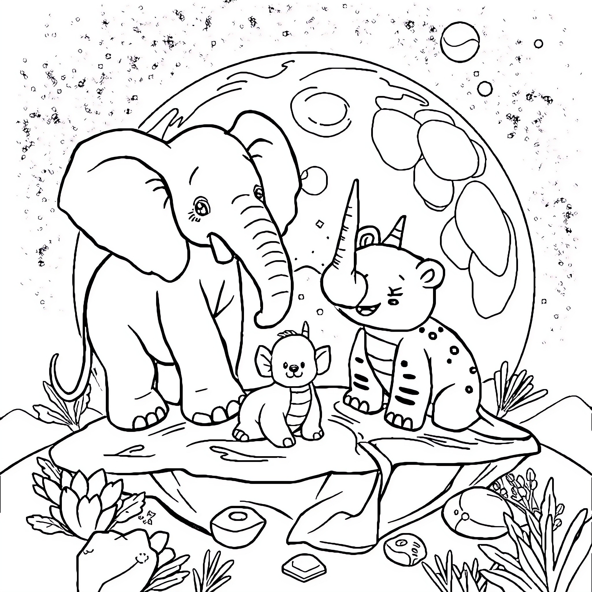 Zootier friends enjoying a playful day in nature Coloring Page (free black-and-white line drawing printable PDF for all, from beginners to advanced learners, including children, teens, adults, and seniors)