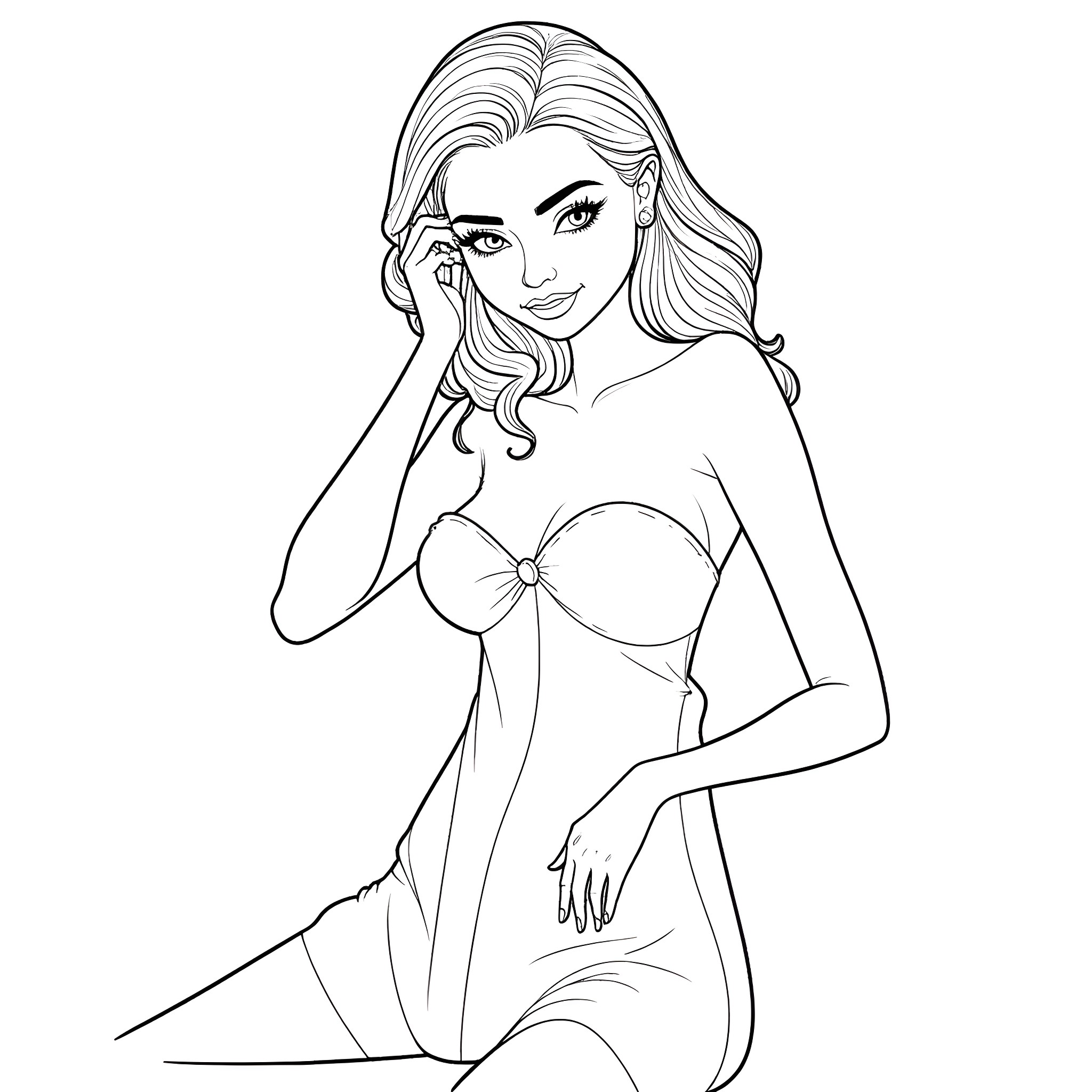 Model in Elegant Dress Posing Coloring Page (free black-and-white line drawing printable PDF for all, from beginners to advanced learners, including children, teens, adults, and seniors)