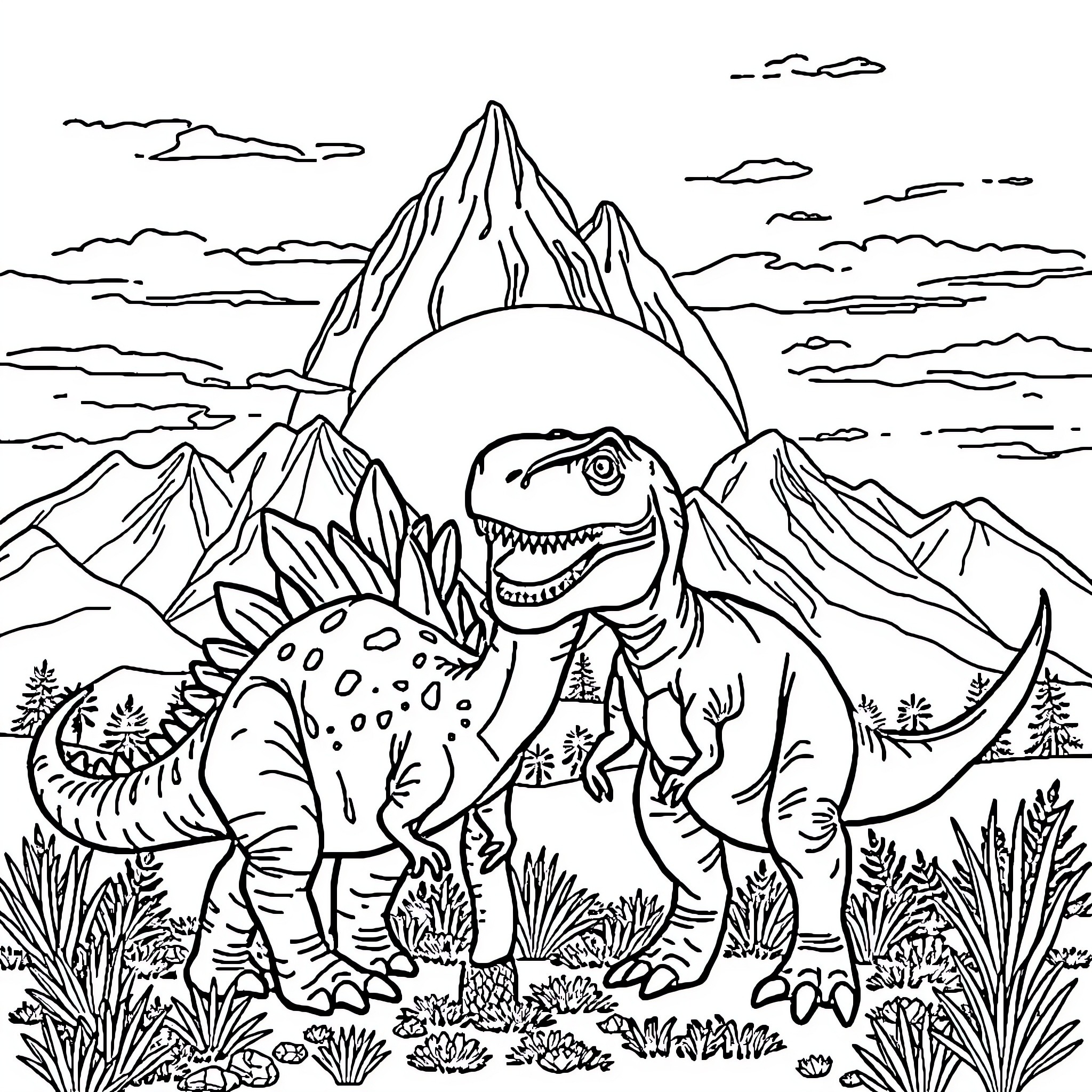 Dinosaur stomping through a mountainous landscape Coloring Page (free black-and-white line drawing printable PDF for all, from beginners to advanced learners, including children, teens, adults, and seniors)