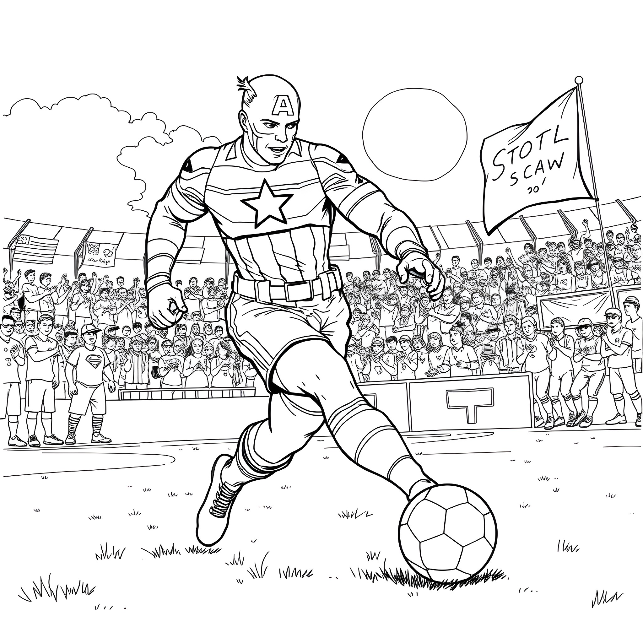 Captain America Playing Soccer with Adoring Crowd Coloring Page (free black-and-white line drawing printable PDF for all, from beginners to advanced learners, including children, teens, adults, and seniors)