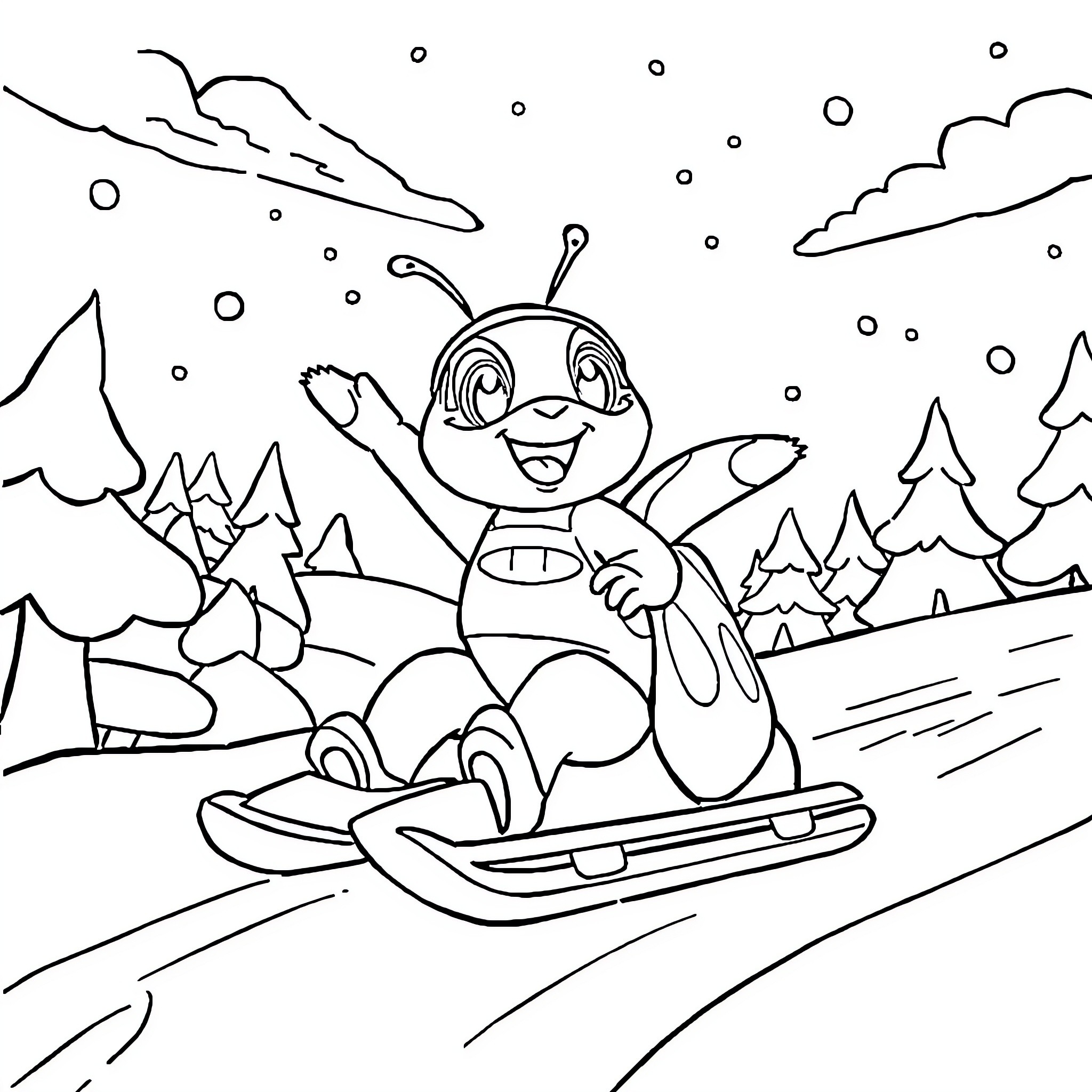 Paw Patrol character snowmobiling in winter wonderland Coloring Page (free black-and-white line drawing printable PDF for all, from beginners to advanced learners, including children, teens, adults, and seniors)