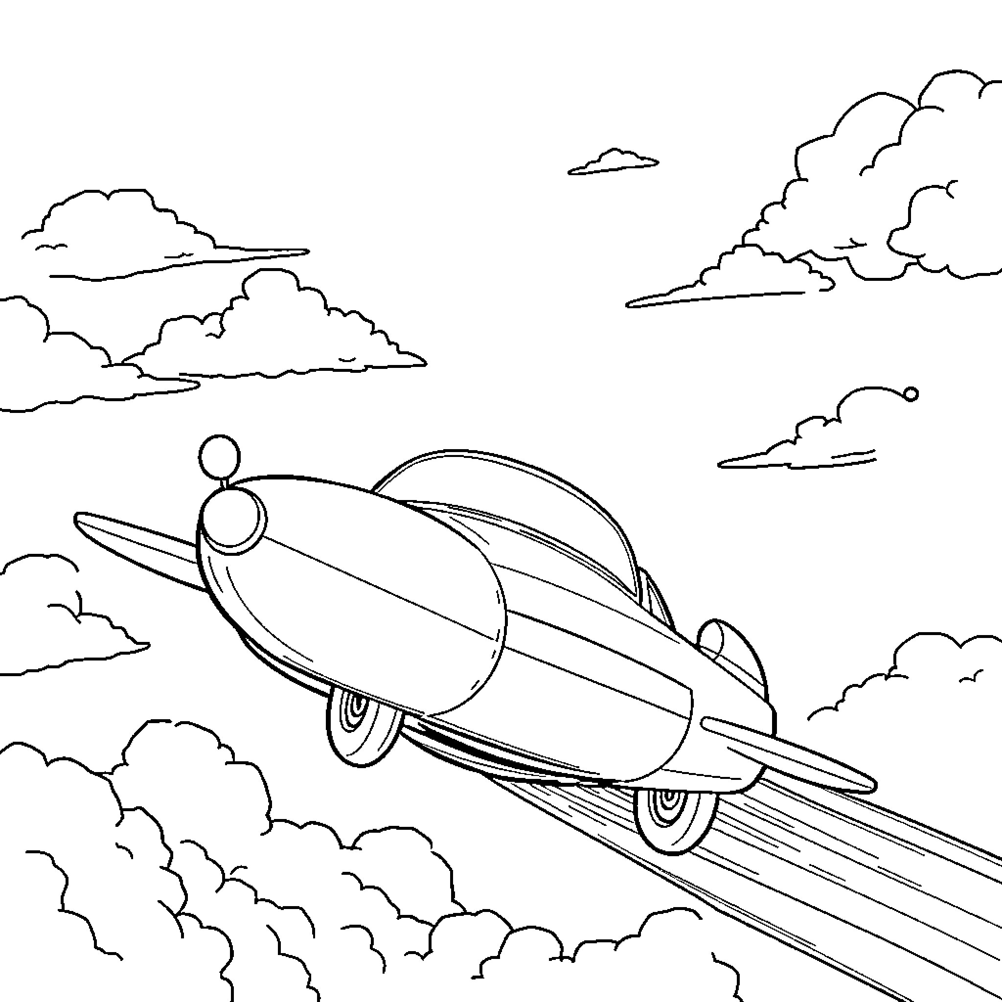 Flying Car soaring through the clouds Coloring Page (free black-and-white line drawing printable PDF for all, from beginners to advanced learners, including children, teens, adults, and seniors)