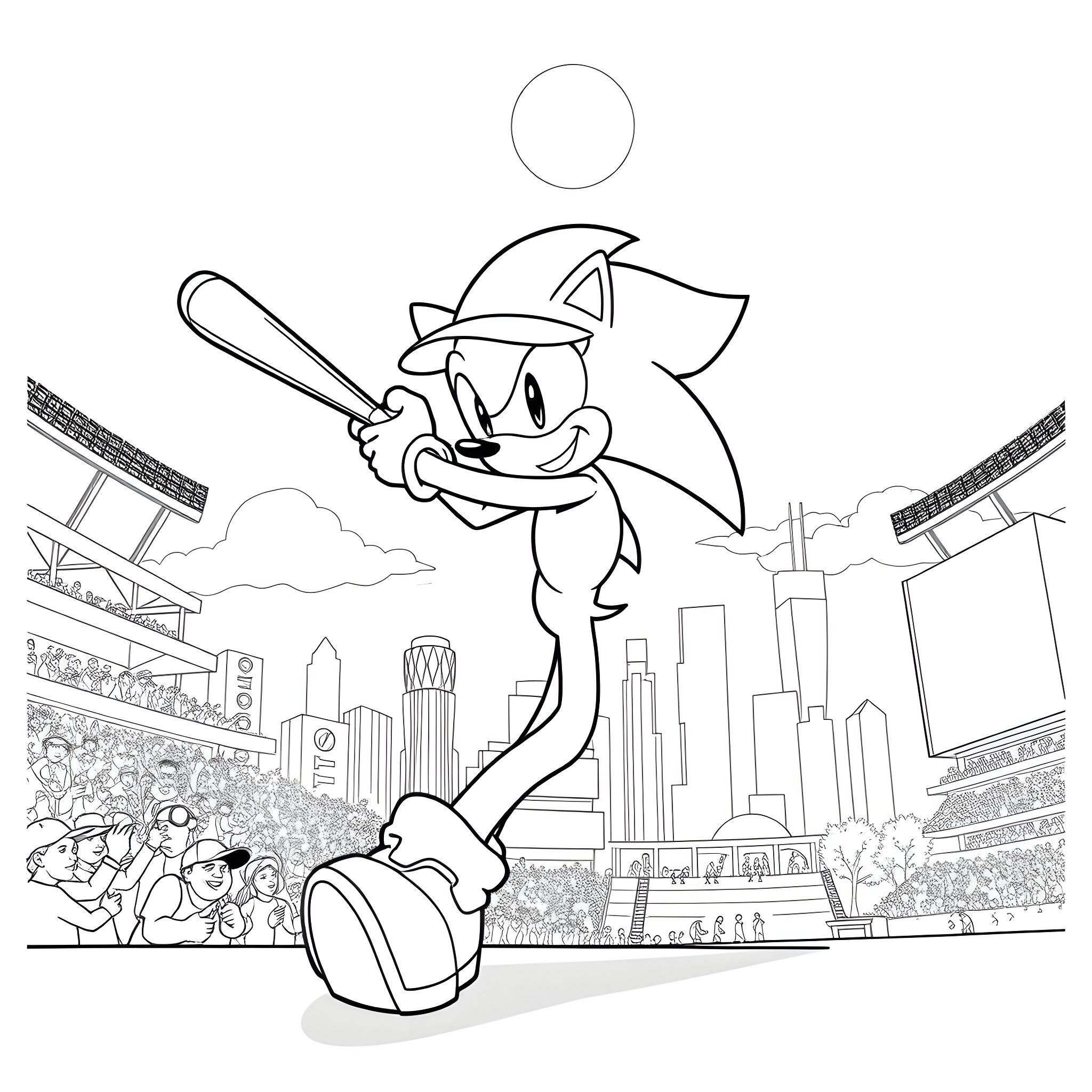 Sonic the Hedgehog playing baseball in the city Coloring Page (free black-and-white line drawing printable PDF for all, from beginners to advanced learners, including children, teens, adults, and seniors)