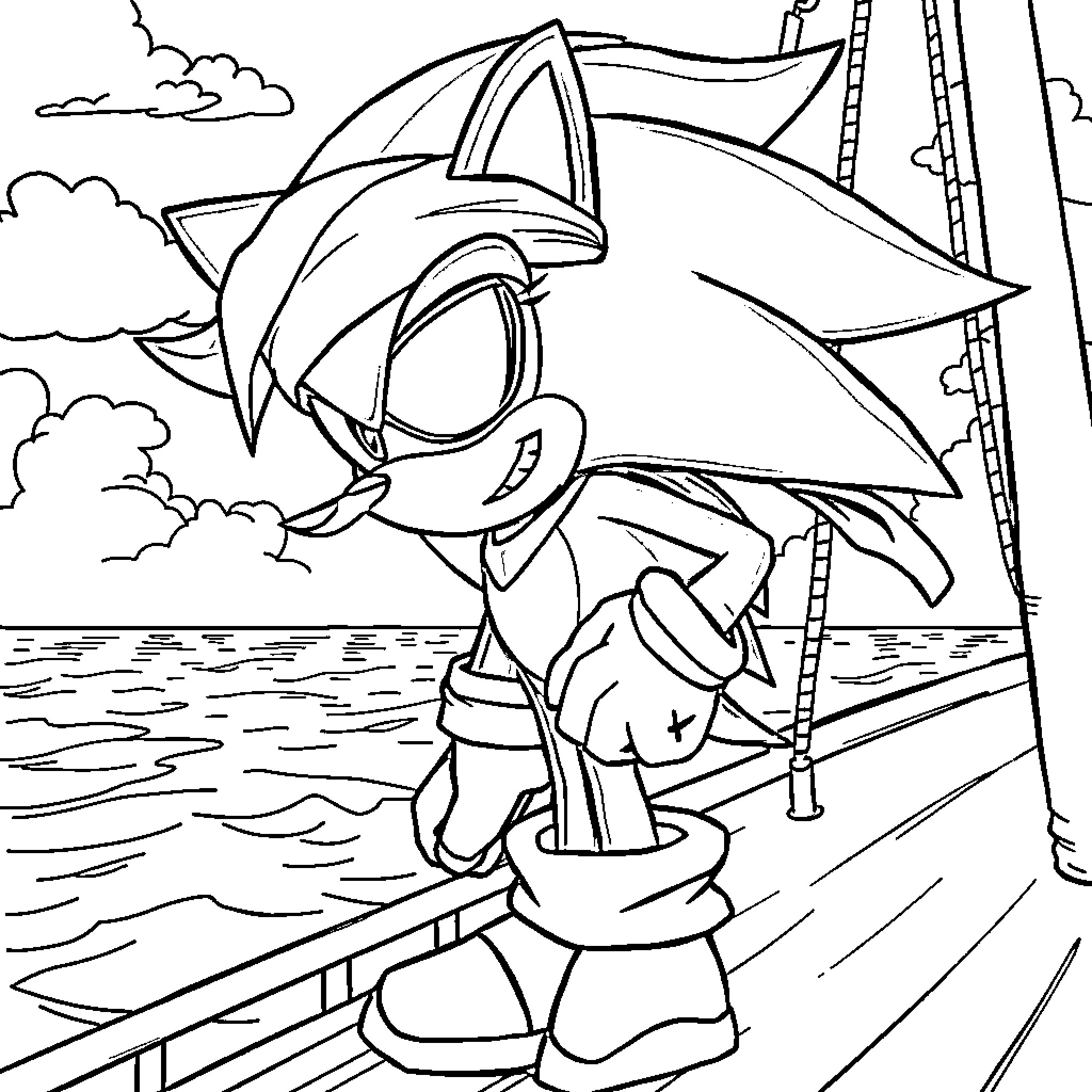 Shadow Adventurer on Stormy Pier Coloring Page (free black-and-white line drawing printable PDF for all, from beginners to advanced learners, including children, teens, adults, and seniors)