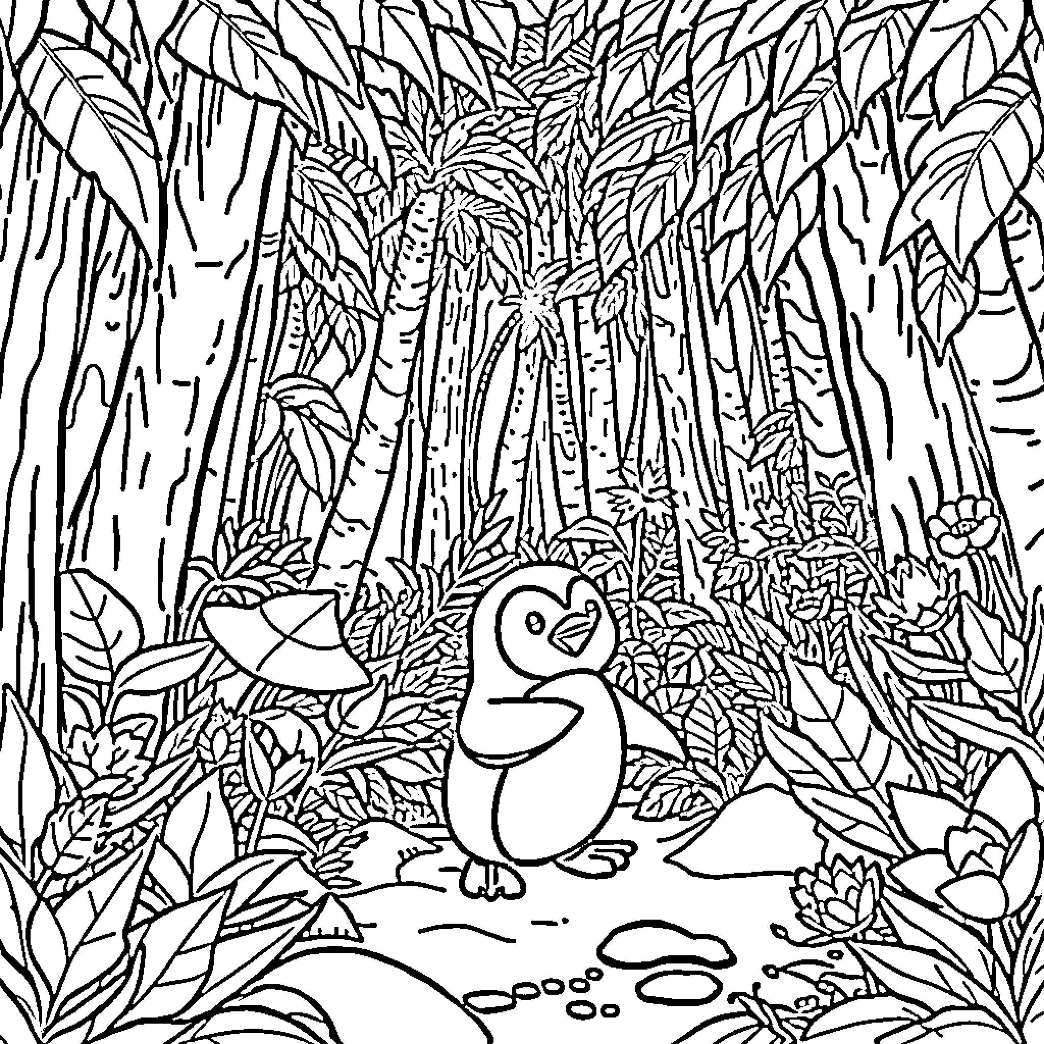 Pororo the penguin exploring the lush jungle Coloring Page (free black-and-white line drawing printable PDF for all, from beginners to advanced learners, including children, teens, adults, and seniors)