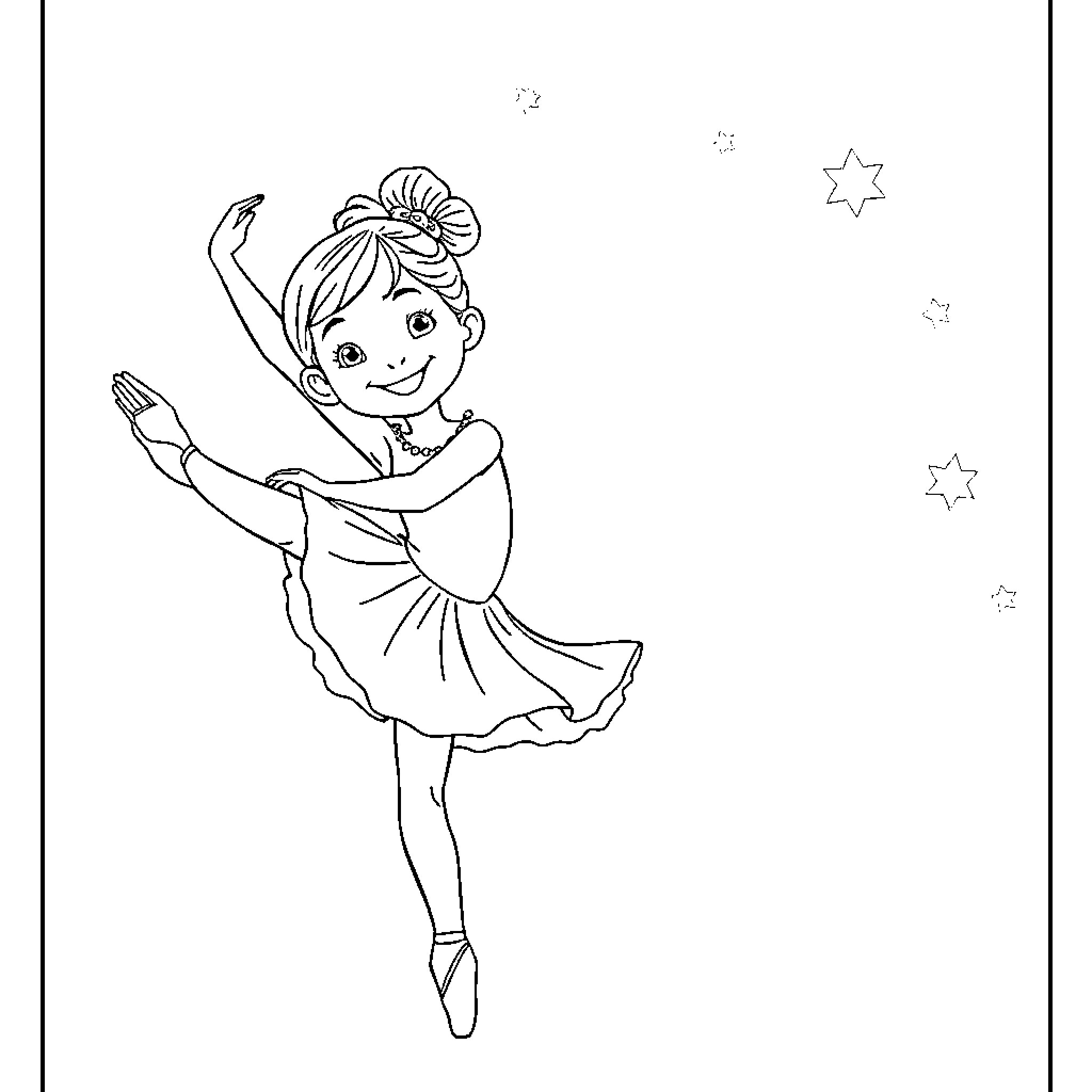 Daughter dancing joyfully under the stars Coloring Page (free black-and-white line drawing printable PDF for all, from beginners to advanced learners, including children, teens, adults, and seniors)