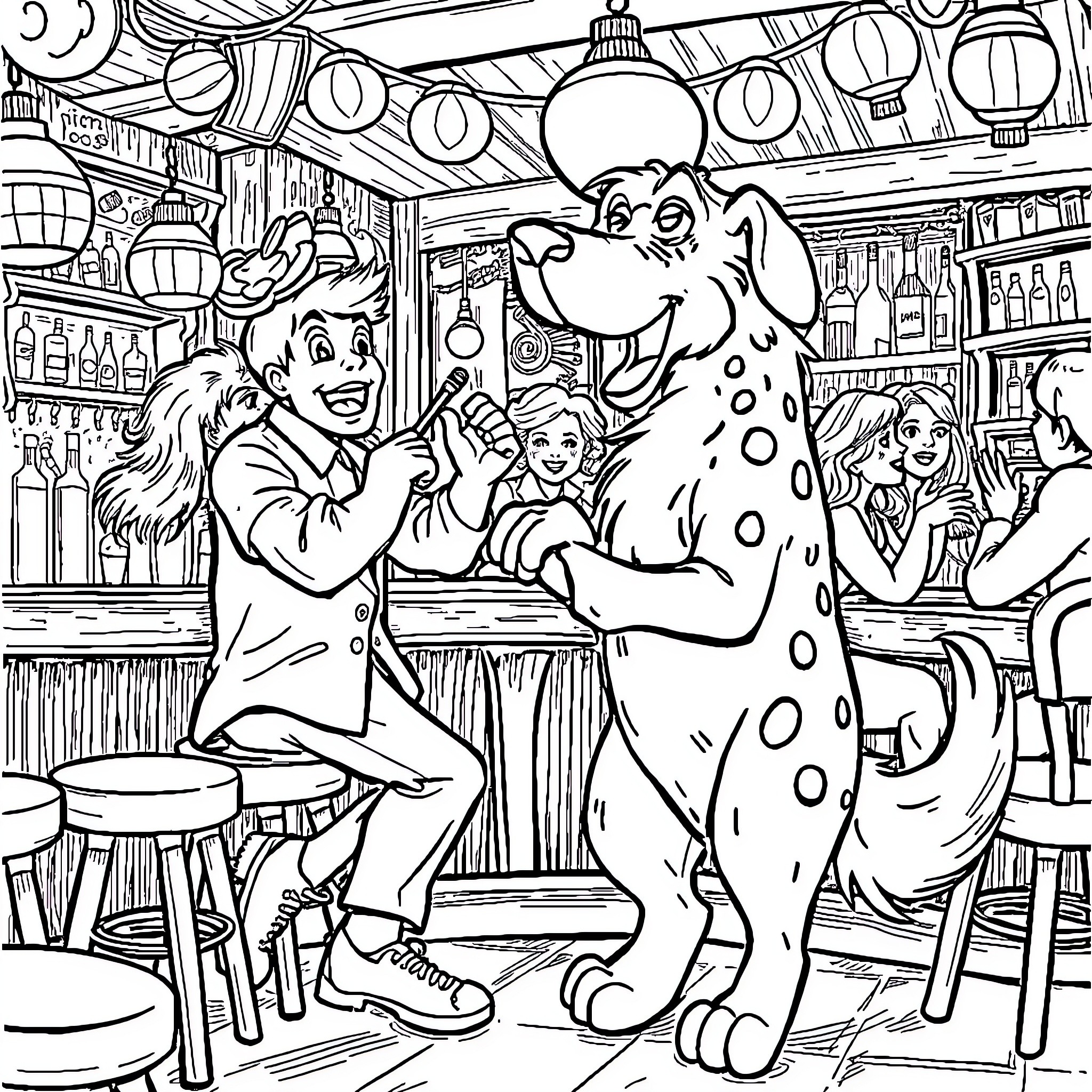 Rover and friends having a lively gathering at the tavern Coloring Page (free black-and-white line drawing printable PDF for all, from beginners to advanced learners, including children, teens, adults, and seniors)