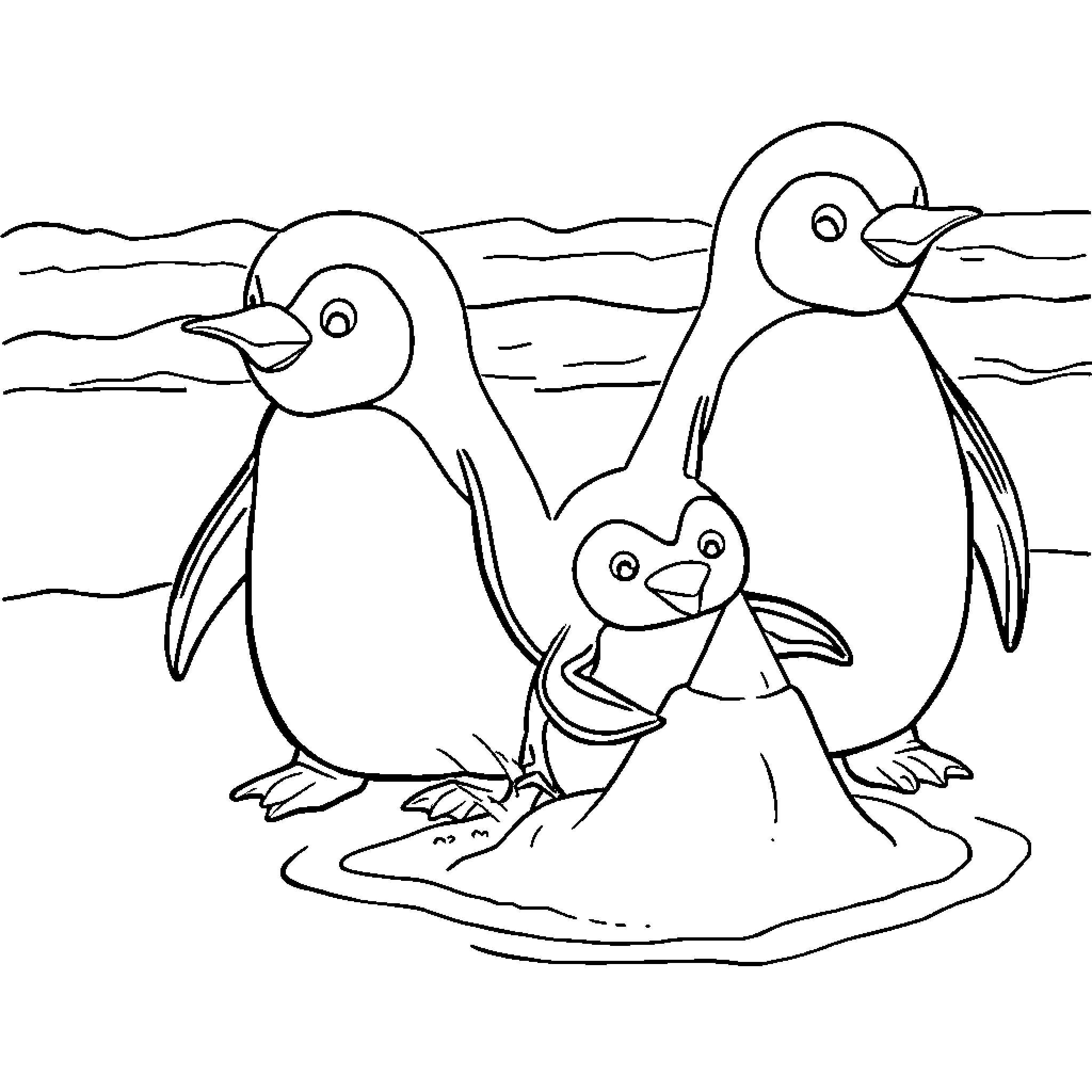 Penguin family enjoying the scenic outdoors Coloring Page (free black-and-white line drawing printable PDF for all, from beginners to advanced learners, including children, teens, adults, and seniors)