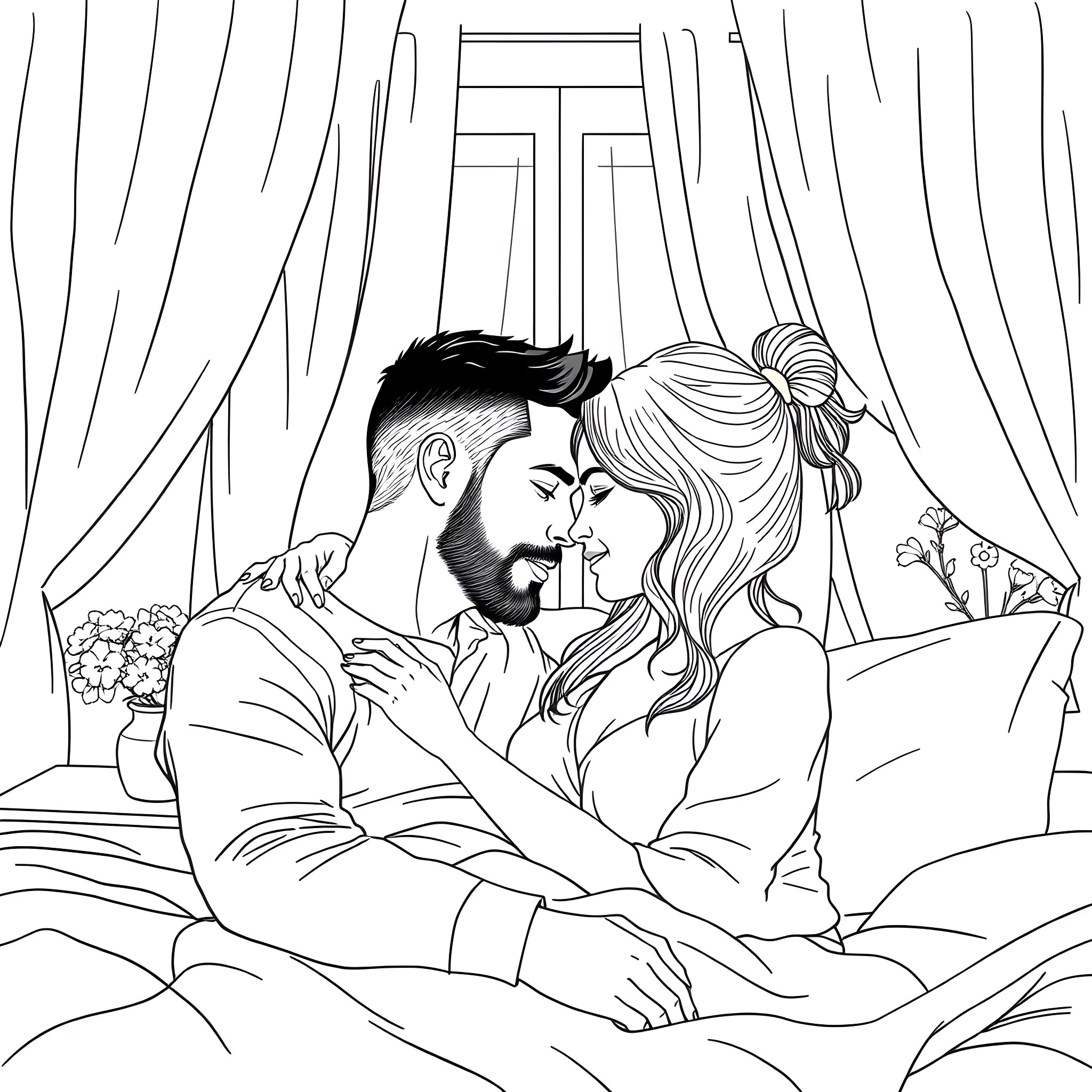 Couple cuddling affectionately on the bed Coloring Page (free black-and-white line drawing printable PDF for all, from beginners to advanced learners, including children, teens, adults, and seniors)