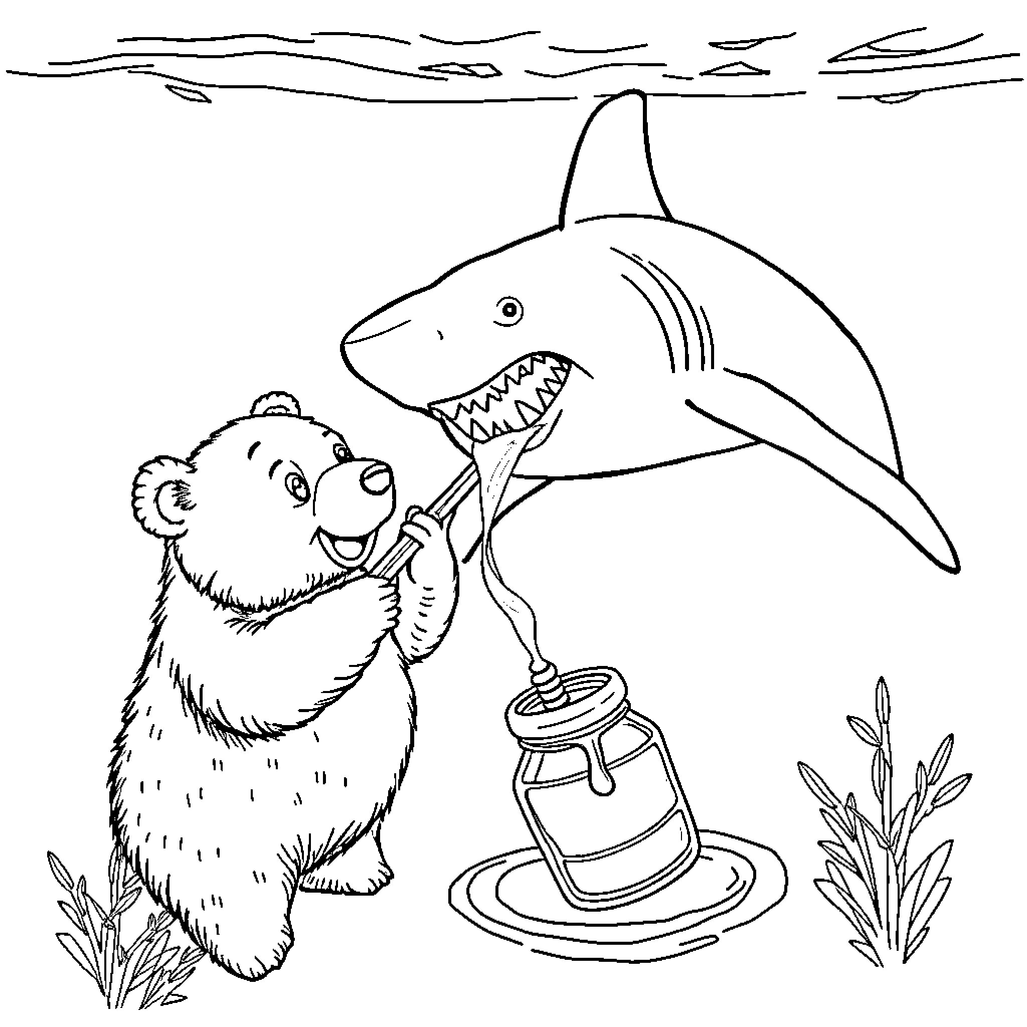 Shark chasing playful otter near underwater scene Coloring Page (free black-and-white line drawing printable PDF for all, from beginners to advanced learners, including children, teens, adults, and seniors)